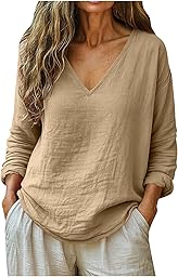Linen Shirts for Women Long Sleeve V Neck Loose Tops Summer Beach Boho Casual Peasant Blouse