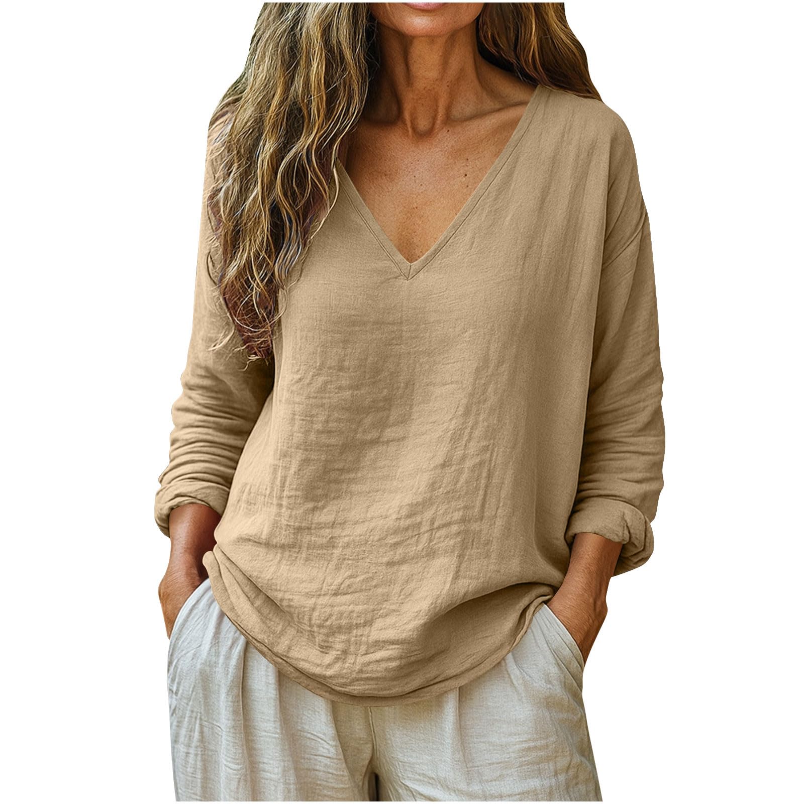 Linen Shirts for Women Long Sleeve V Neck Loose Tops Summer Beach Boho Casual Peasant Blouse - 1
