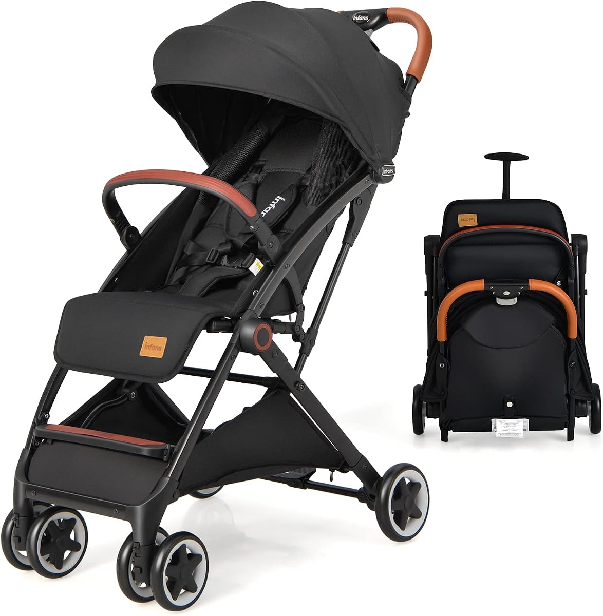 INFANS Cochecito de bebé liviano, compacto para bebés con plegado con una sola mano, cochecito de viaje para avión con portavasos, cubierta para pies con arnés de 5 puntos con dosel para 6-36 meses
