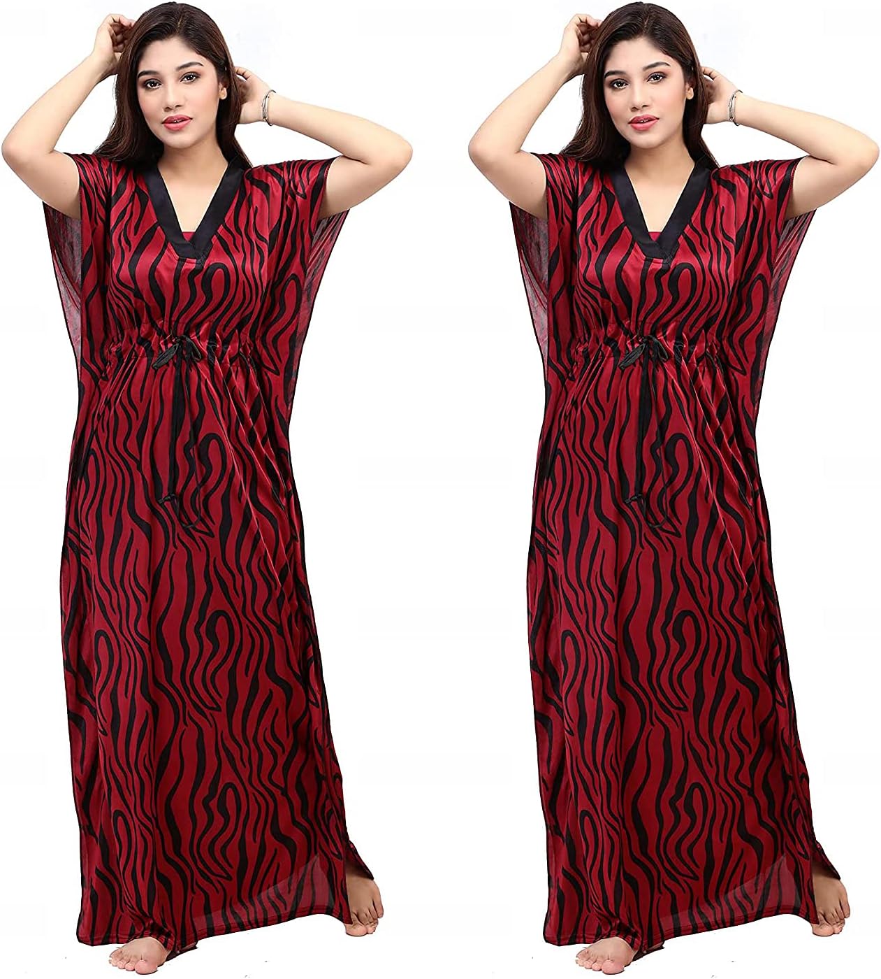 Women's Silk Geometric Print Maxi Length Nighty (night gown_Maroon_Free Size)