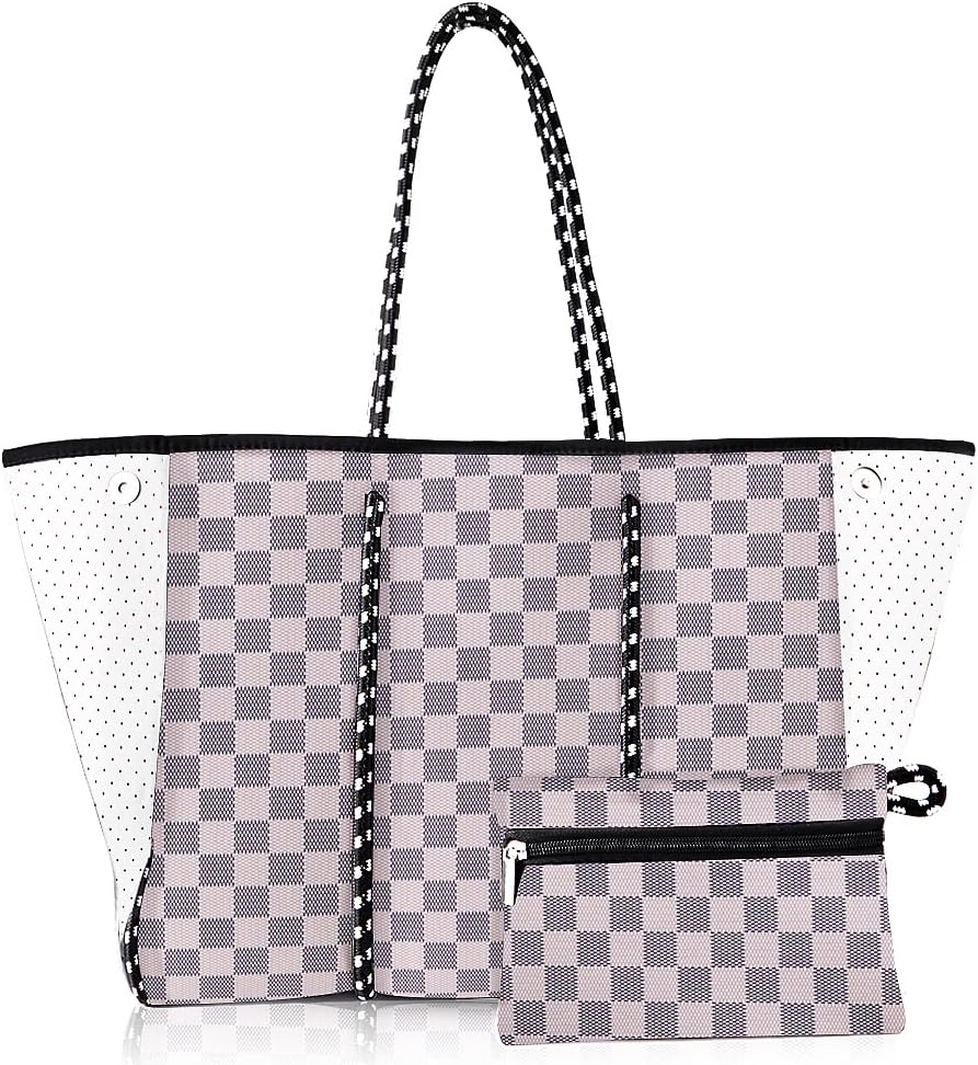 Neoprene Tote Bag, Beach Bag Waterproof Sandproof, Tote Bag for Women, Large Tote Bag with Portable Wallet for Beach, Swimming, Gym bag, Travel bag (Lattice)