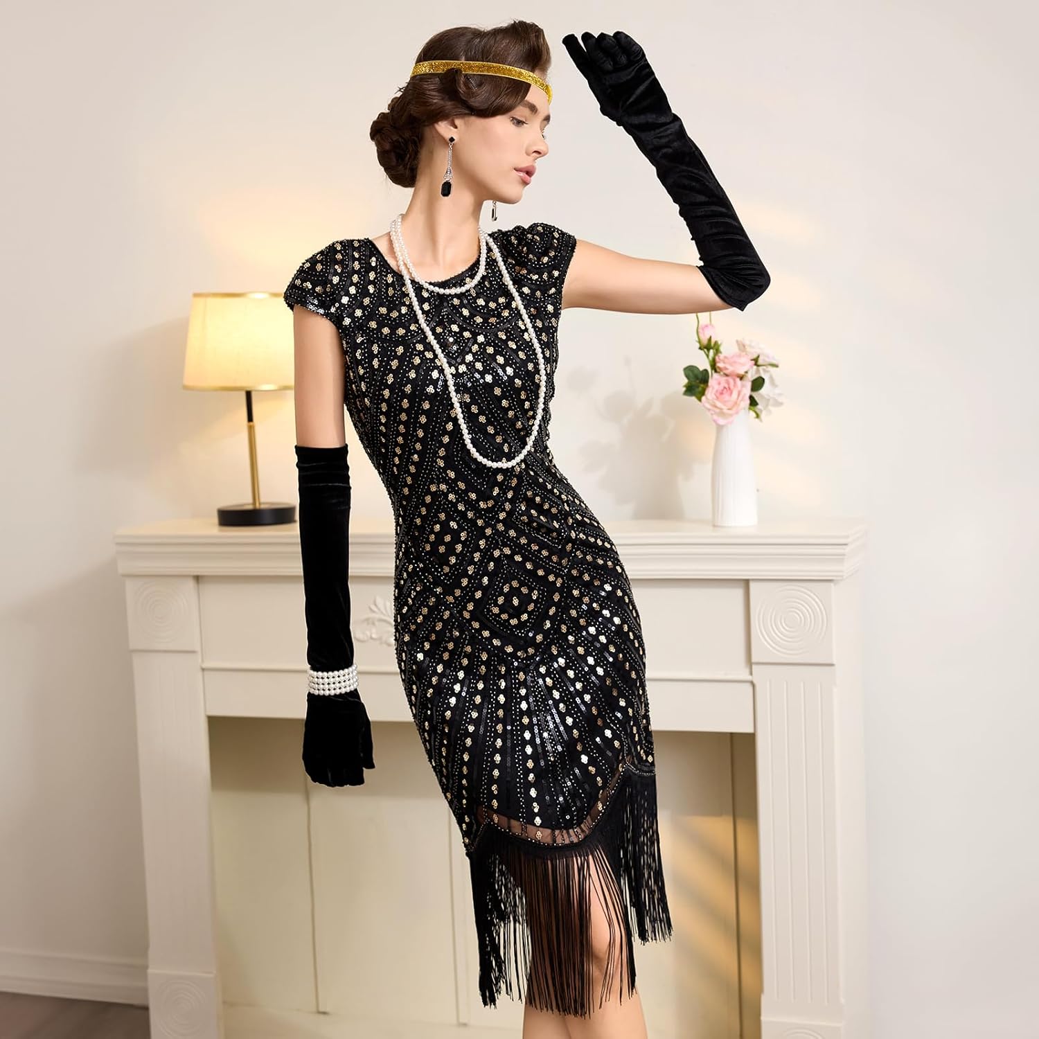 1920s Dresses for Women, Roaring 20s Great Gatsby Flapper Dresses Fringed Sequin Vintage Dress with Accessories Set - Image 2