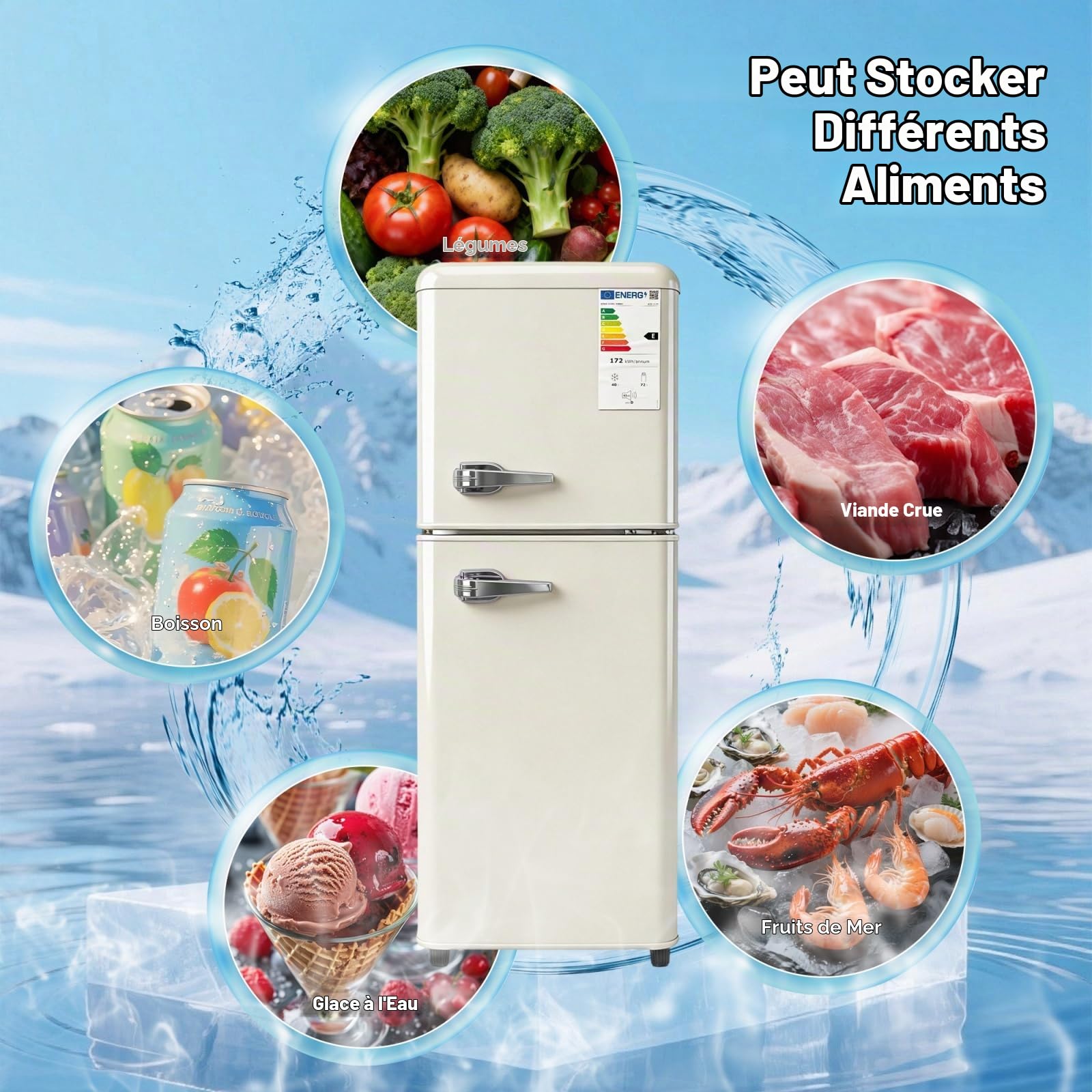 Sweiko Double door refrigerator (112 litres), 72 litre fridge compartment + 40 litre freezer compartment, 7 temperature settings, energy class E (off white)