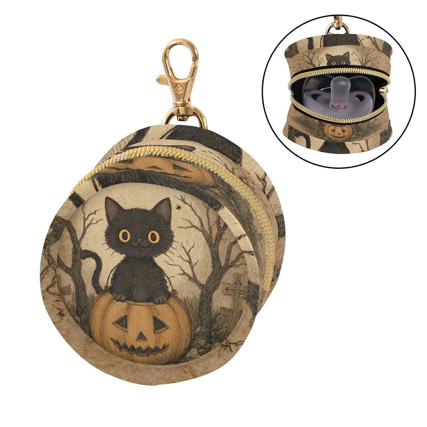 Pacifier Holder with Clip Pacifier Case for Diaper Bag Round Baby Pacifier Pouch Box Bag Portable Cat Halloween Pumpkin image 2