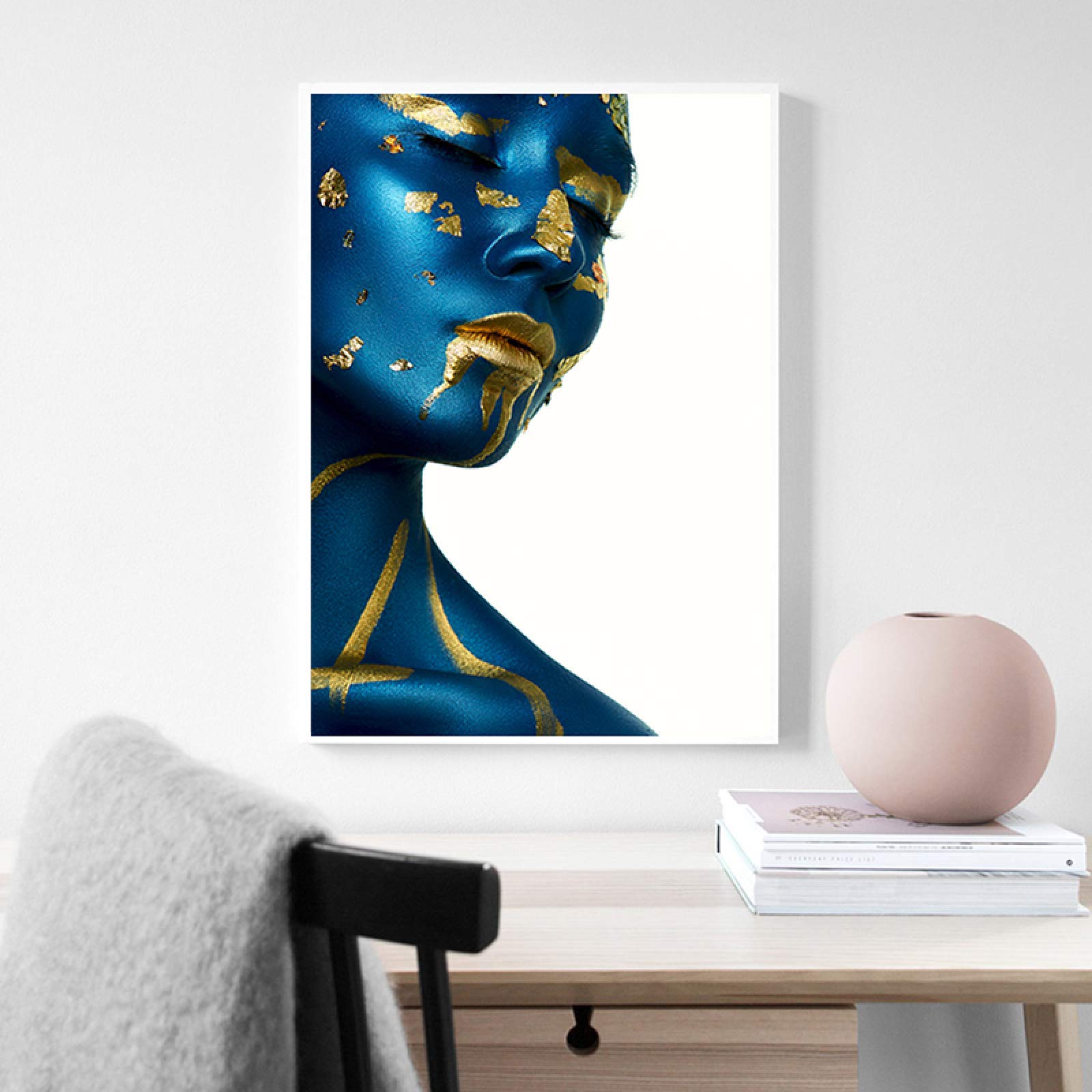 Mujer moderna retrato azul dorado lienzo pintura carteles e impresiones escandinavo cuadro de arte de pared para decoración de habitación 50x70x2cm marco interno