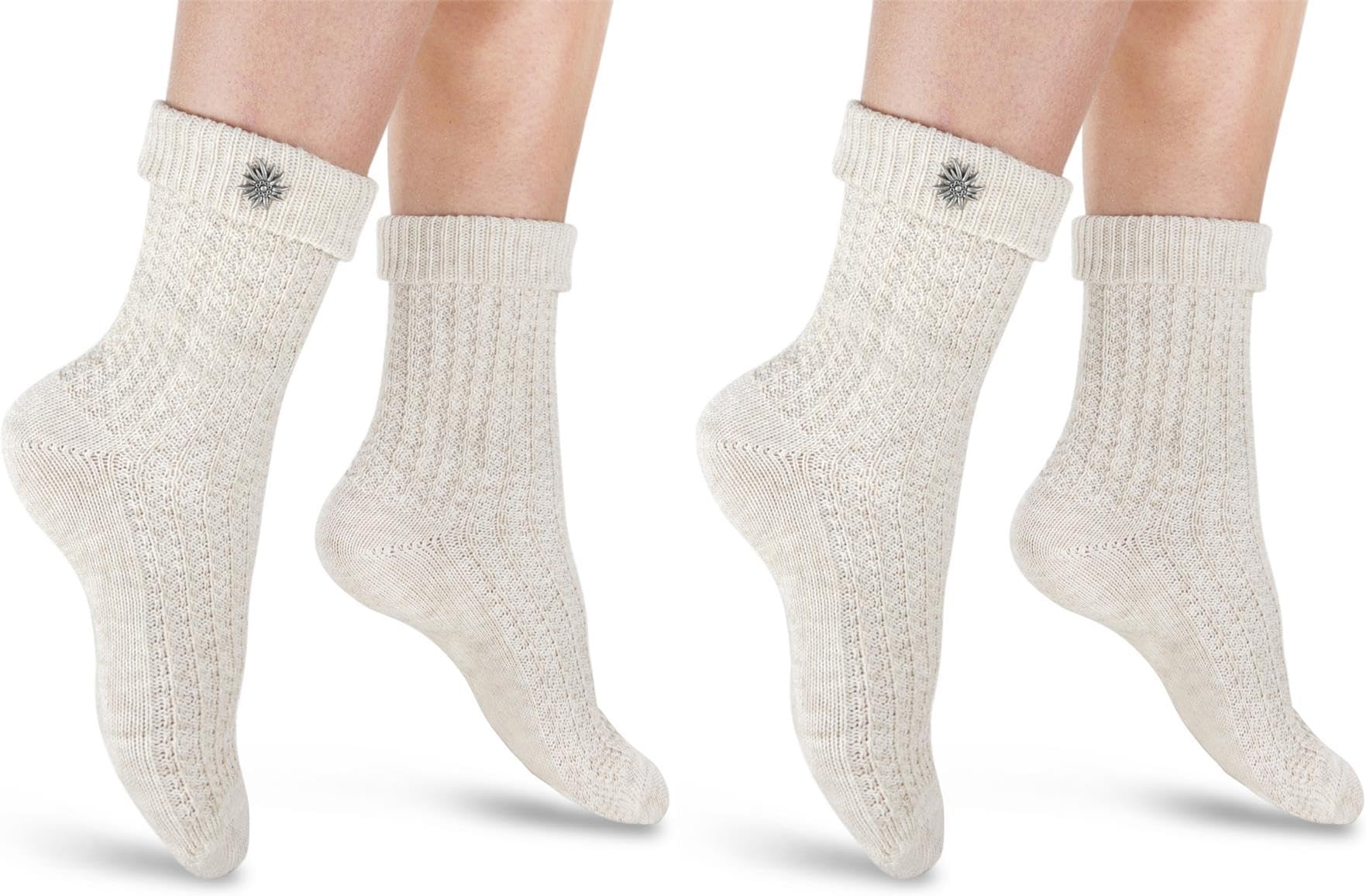 2 Paar Trachten Socken mit Edelweiß-Pin oder Knopf, Socken für Damen und Herren in Silber- oder Naturmelange Gr. 35-50