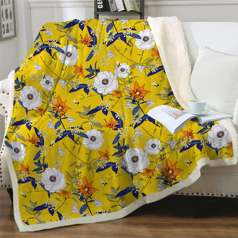 BCJMKDX Blanket, Sherpa Throw Blanket Blue Fleece Throws Blankets for Sofas Super Warm(Yellow Flowers,130x150cm)