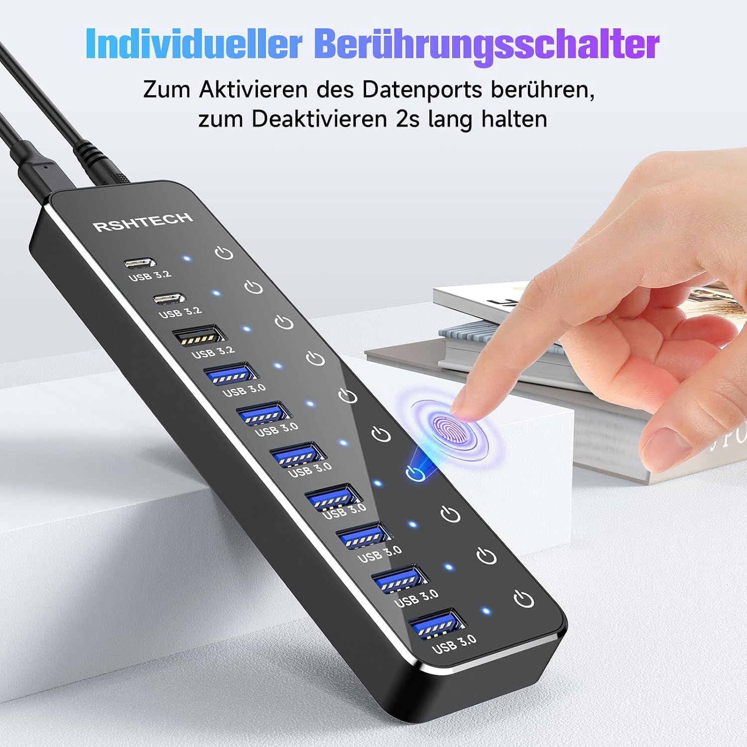 A hand interacting with the individual touch switches on the RSHTECH USB Hub, with blue LED indicators.