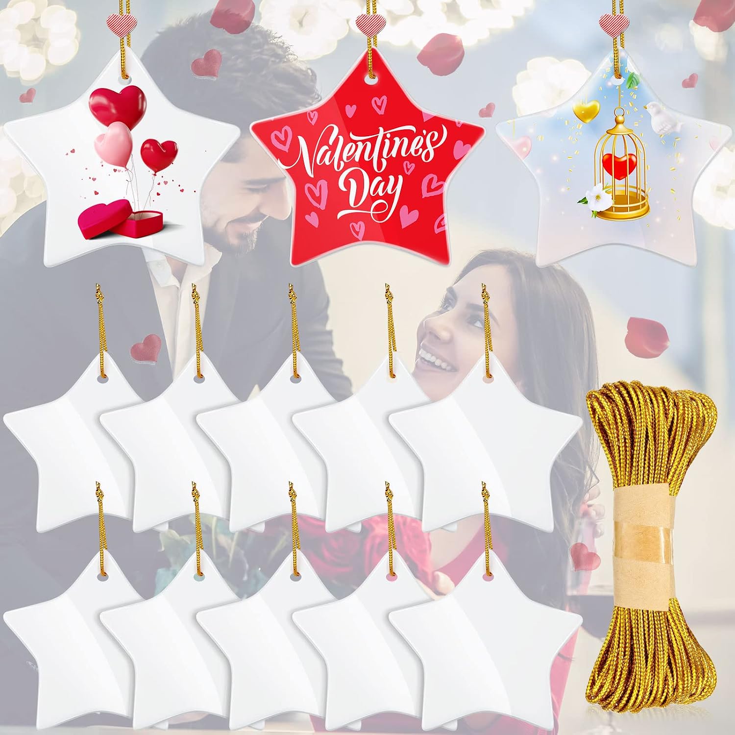 Chuangdi 15 Pieces Valentines Sublimation Ornament Blanks Star Ceramic Sublimation Ornaments Porcelain Pendants Ceramic Ornament for Valentine's Day DIY Personalized Disc Crafts Decoration