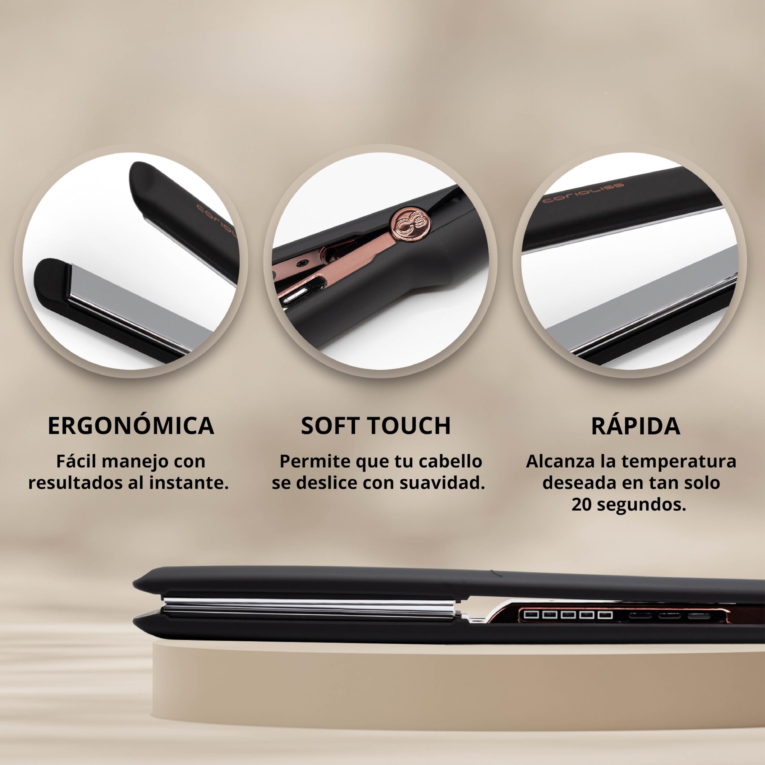 Corioliss C3 | Plancha del pelo Profesional | Placas extralargas de titanio | Alisado y Ondas | Temperatura ajustable 135º-235º | Calentamiento 20 seg | Con funda de Viaje | Black Copper