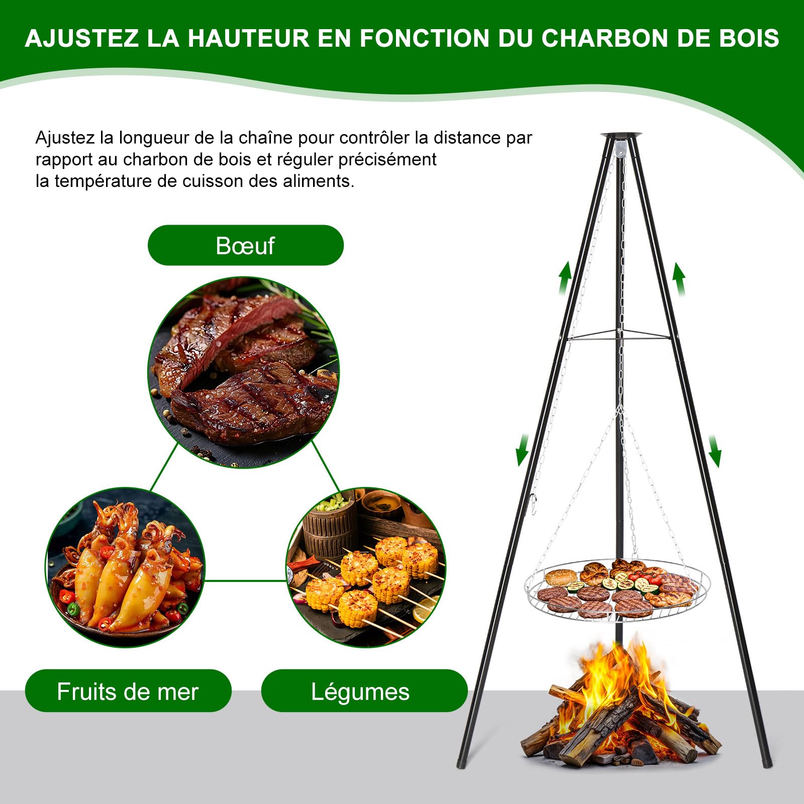 LEADZM Barbecue charbon de bois - Barbecue suspendu sans foyer(Plaque à pâtisserie de 50 cm de diamètre) - Réglable en hauteur, Structure de type trépied(robuste et stable) - Pour camping et jardin