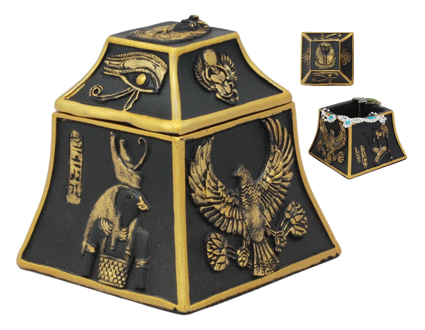 Ebros Egyptian Deity Scarab Eye of Horus Falcon Anubis Gods of Egypt Jewelry Box Figurine Sculpture Trinket Hidden Storage Decor