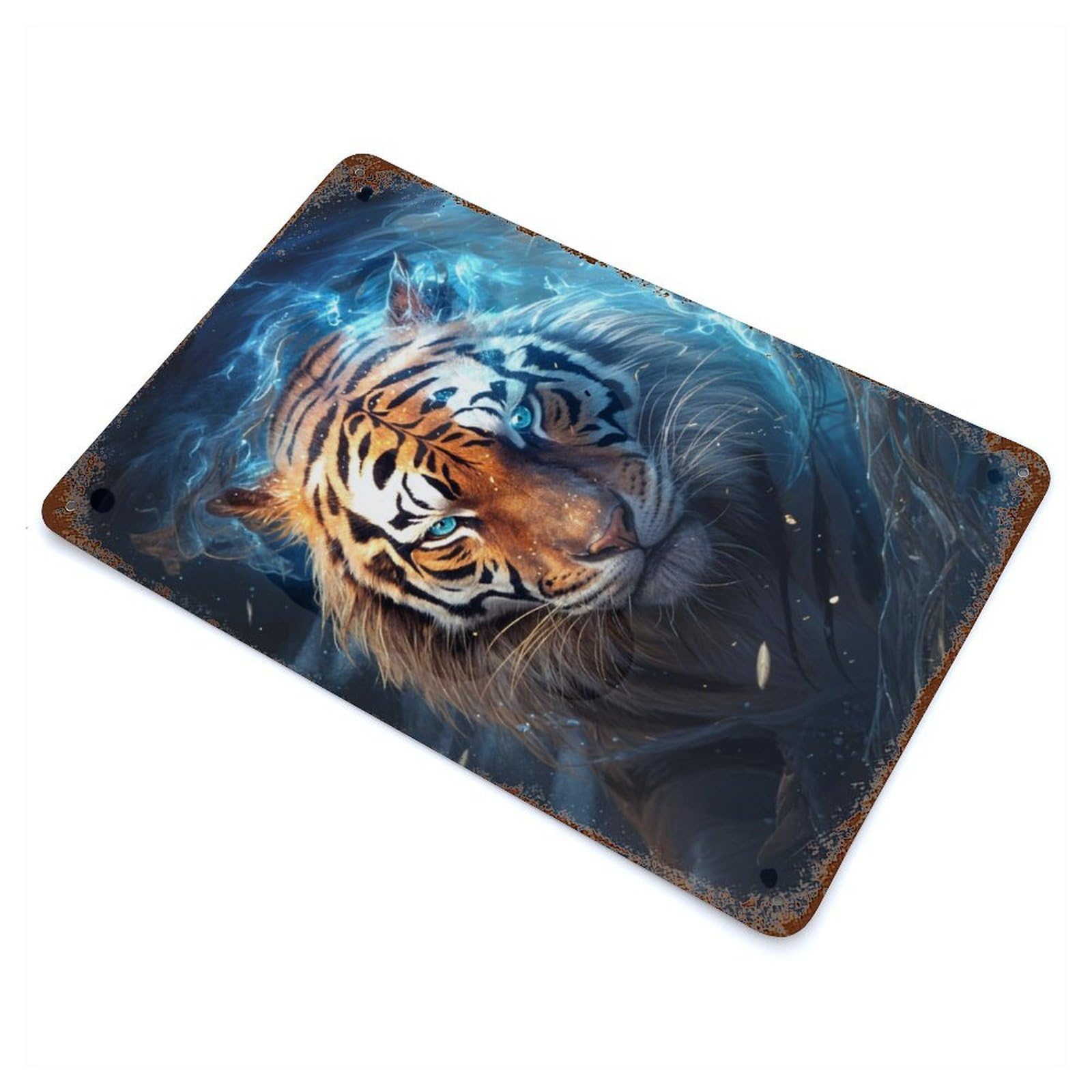 Distressed Metal Wall Sign with Cosmic Celestial Tiger Design 11.8"x7.9", for Office, Studio And Wall Decor, Industrial Home Decor