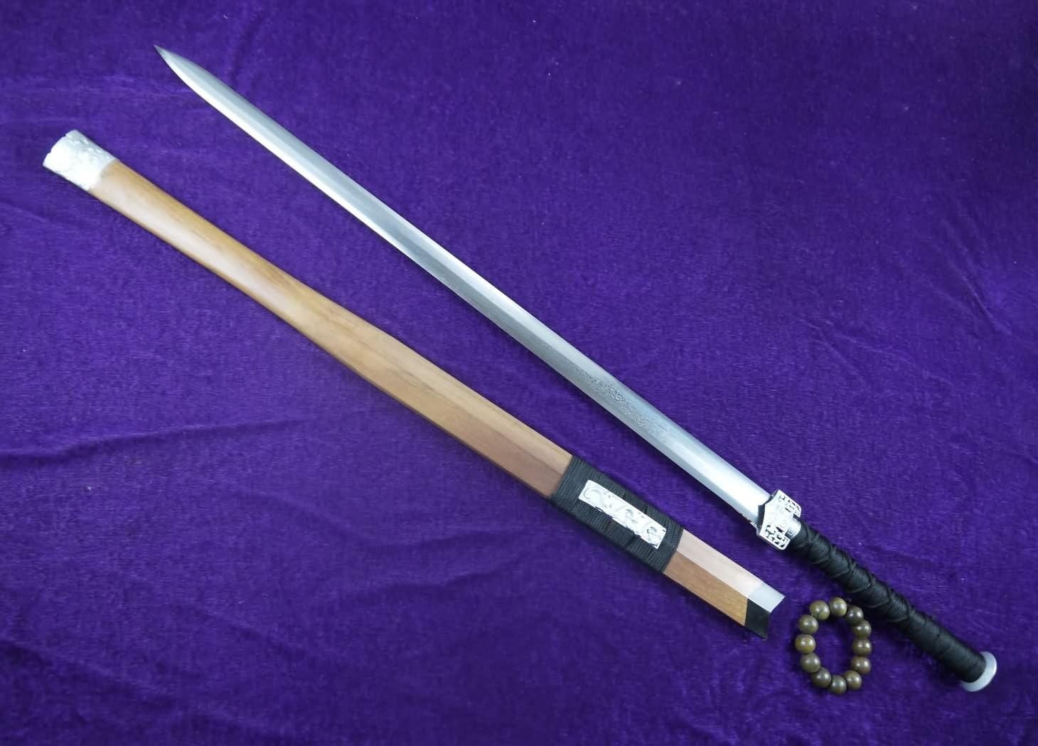 Chinese Sword/Han jian/Damascus Steel Eight Side Blade/Acid Wooden Scabbard/Silver zinc Alloy Material/Stretch Black Slip Rope Handles/Length 39"