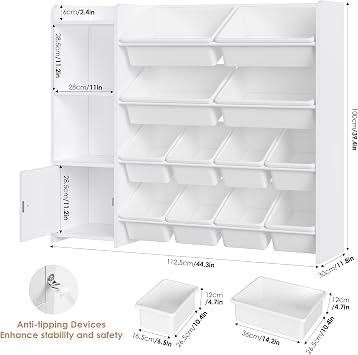 FOREHILL Toy Storage Unit with 12 Removable Toy Boxes Kids Bookcase White | Kids Storage Unit, Childrens Bookshelf, Toy Organiser, for Kids Room, Playroom, Nursery Furniture 112.5 x 30 x 100 cm