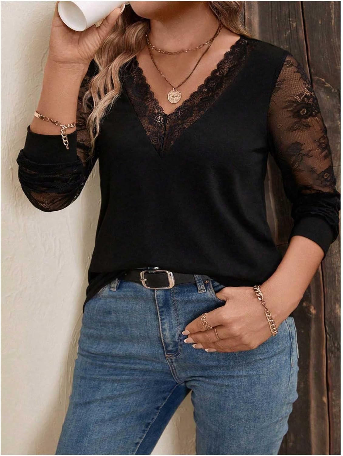 SweatyRocks Women's Plus Size Lace Tops Mesh Long Sleeve V Neck Fitted Tees Shirts - Image 3