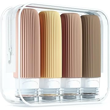 Kit 4 Frascos Potes Silicone Viagem 90ml Canelado Aprovado TSA (Tons de Marrom e Bege)