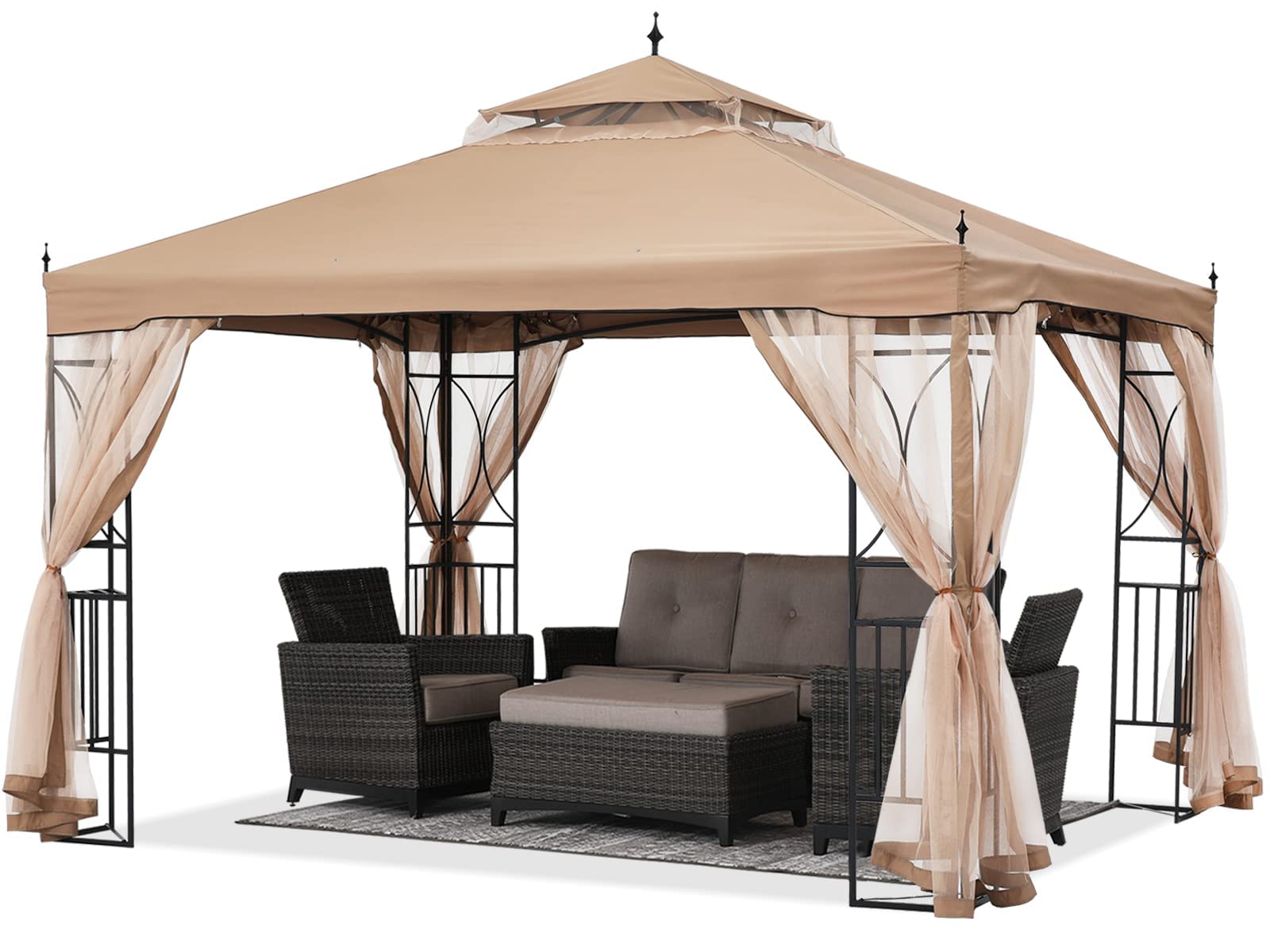 ABCCANOPY3x3M Gazebo for Patios, Double Roof Gazebo with Netting for Patio Garden Lawn, Khaki