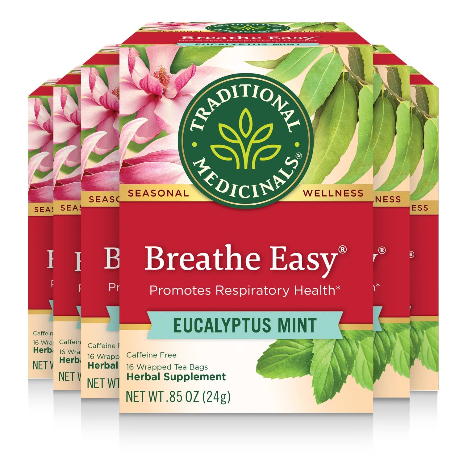 Traditional Medicinals Tea, Organic Breathe Easy with Eucalyptus Mint, Promotes Respiratory Health, Kosher, Non-GMO, Caffeine-Free, Compostable - 96 Tea Bags (Pack of 6