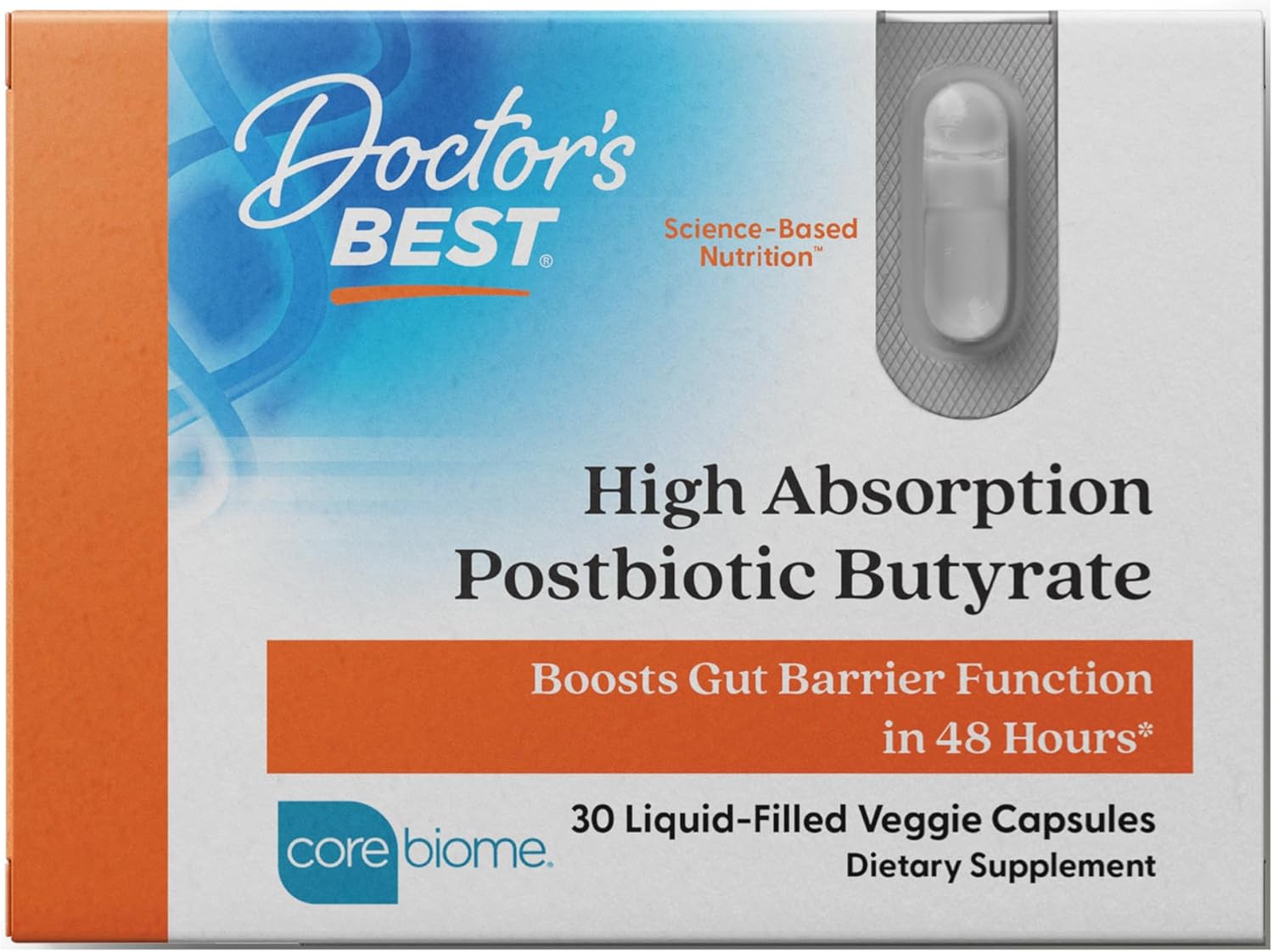 Doctor’s BEST High Absorption Postbiotic Butyrate Featuring Corebiome, Gut & Immune Health, Non-GMO, Gluten Free, Soy Free, Vegan, 30 Liquid Veggie Caps