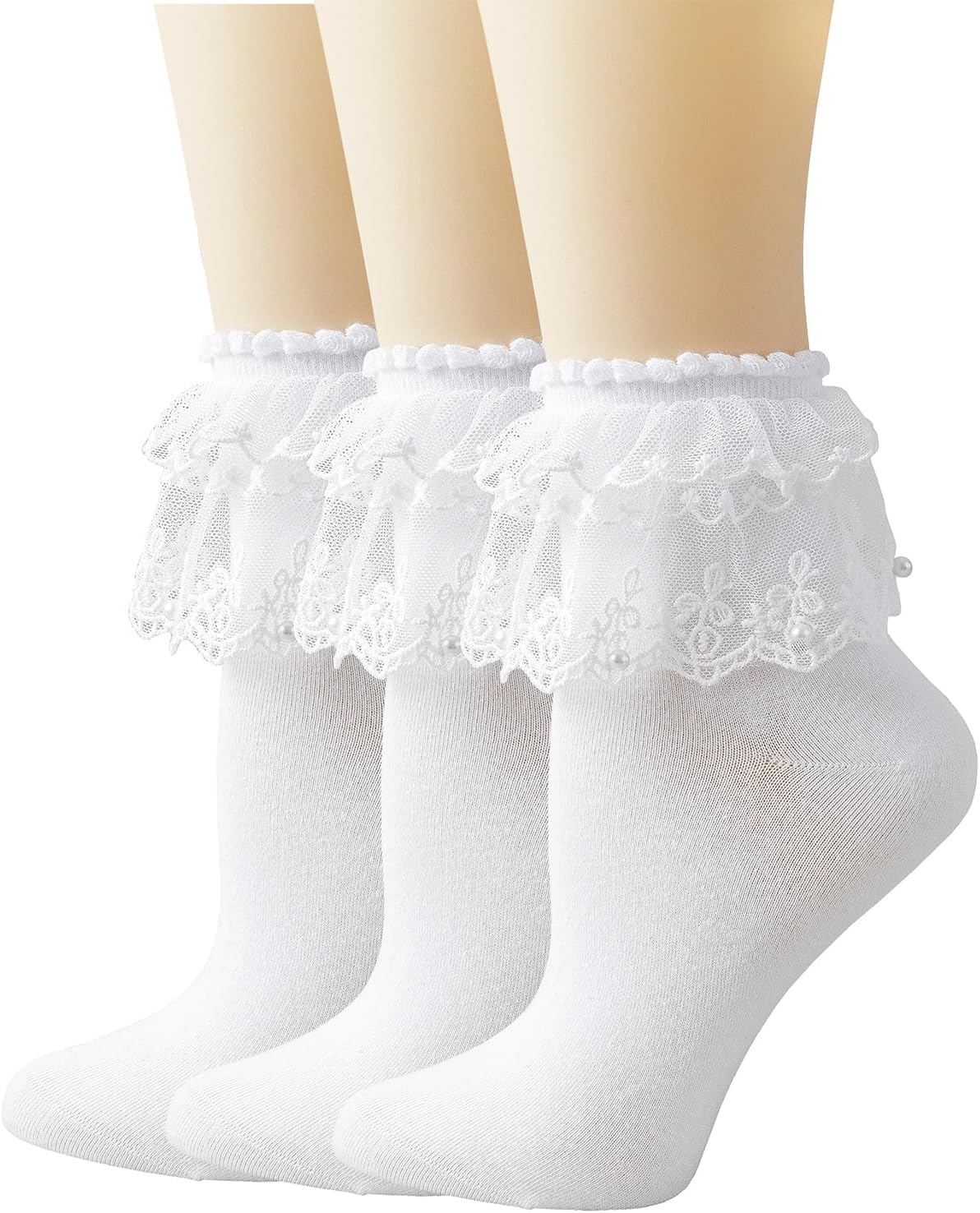 Pearl Lace Ruffle Frilly Ankle Socks for Women
