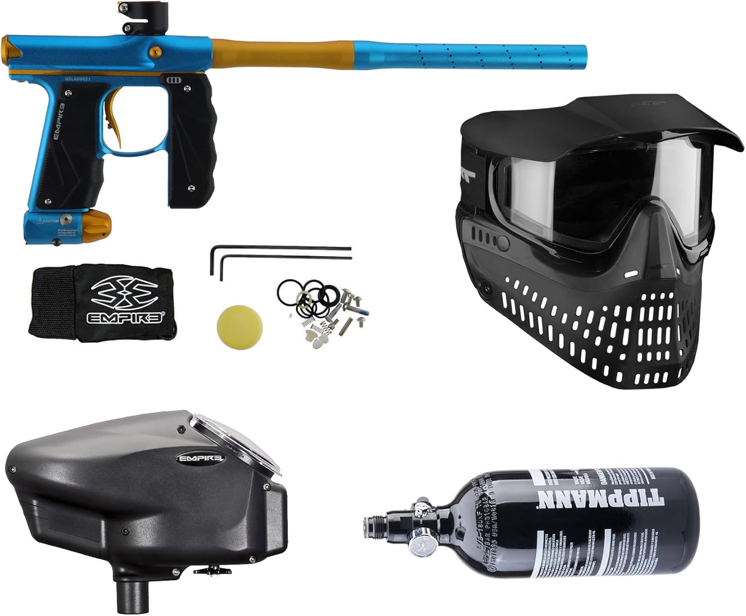 Empire Mini GS - Core Marker Combo - Mini GS Marker, Halo Too Loader, JT Proshield Mask, & Tippmann 48ci 3k HPA Tank (Dust Light Blue/Dust Gold)