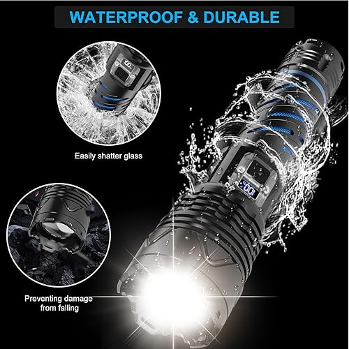 Miniatura 6 de Karrong Linterna recargable, linterna de haz largo de alto lúmenes, linterna potente súper brillante, 5 modos, zoomable, impermeable, luz táctica