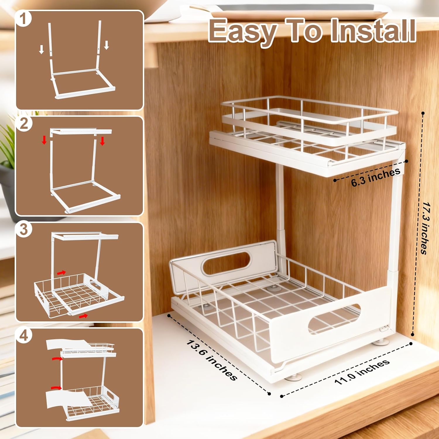 Ohmywor Under Sink Organizer, Pull Out Cabinet Organizer 2 Tier Sliding Drawers, Adjustable Height Multi-Purpose Storage Shelf, Metal Slide Out Drawer for Kitchen Bathroom Storage, White