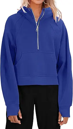 Womens Hooded Pullover Sweatshirts Half Zipper Crop Hoodie Fleece Lined Collar Zip Up Hoodies Cropped Long Sleeve Tops