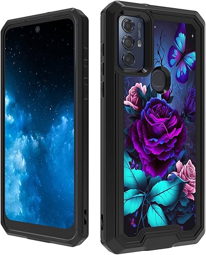 Funda para Moto G Play 2023Moto G PureMoto G Power 2022 con patrón de mariposa azul y rosa púrpura de doble capa, funda protectora híbrida de