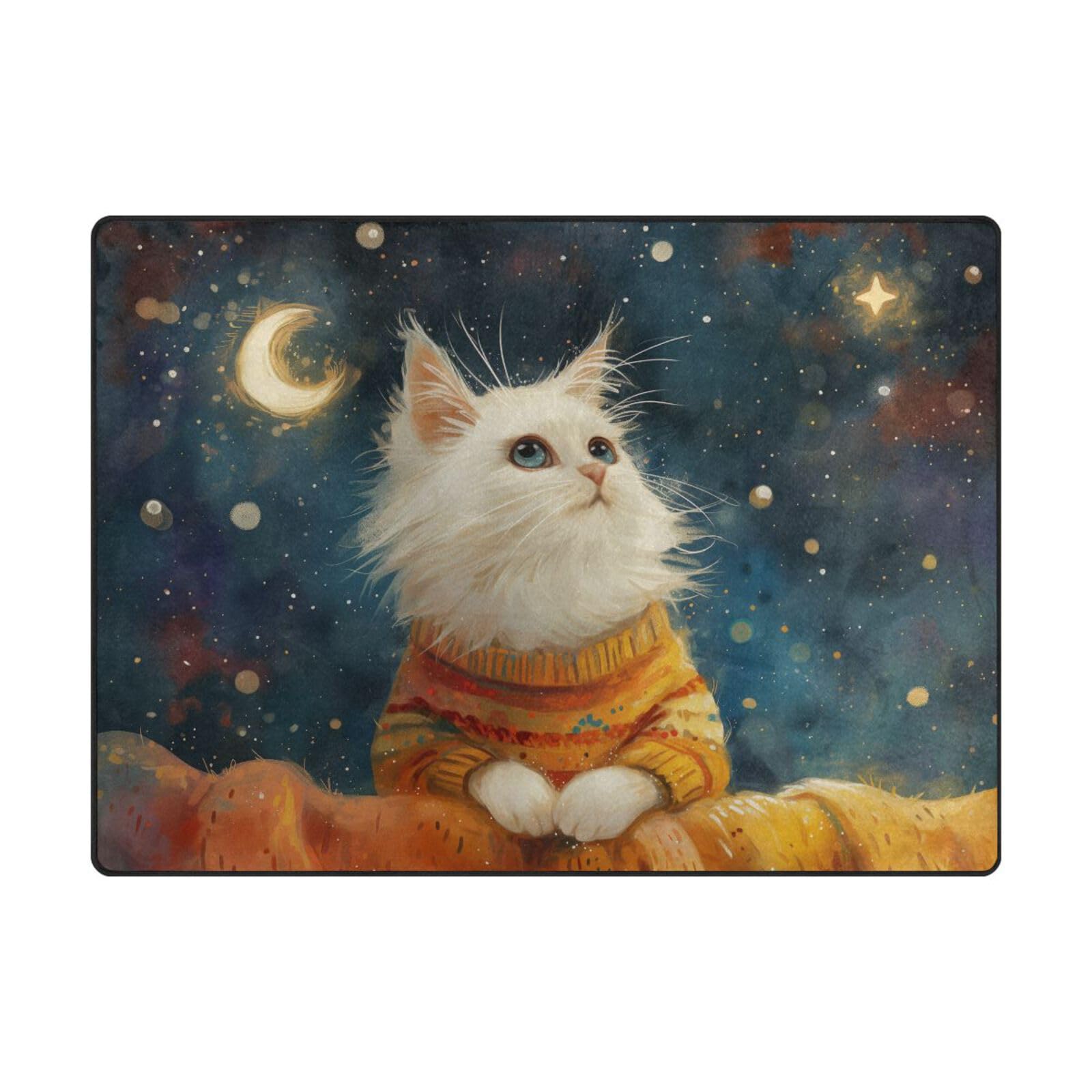 Tapis de sol contemporain chat blanc étoilé Mnsruu grand tapis de salon