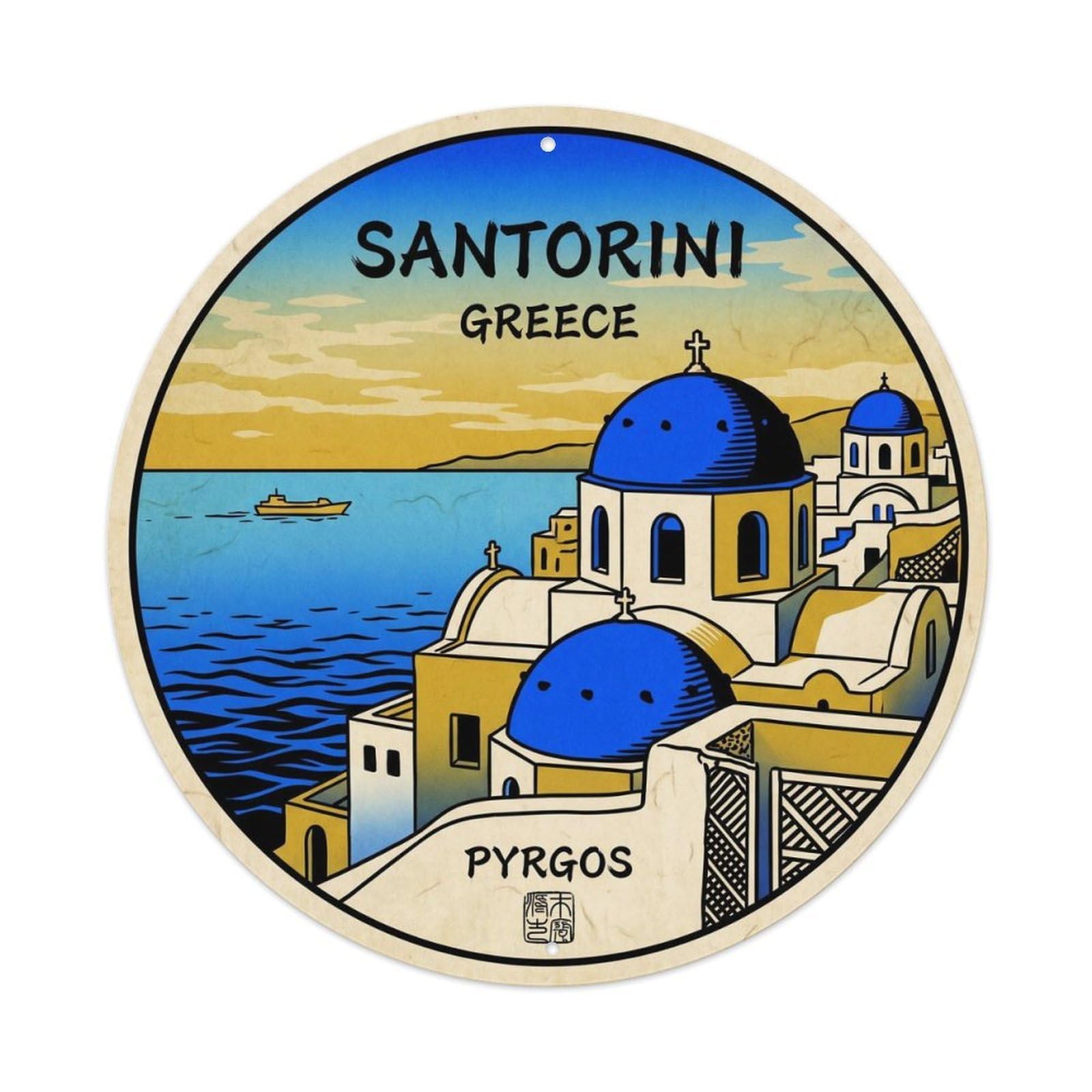 Pyrgos Blue Dome Church Santorini Greece Caldera Travel Metal Tin Sign