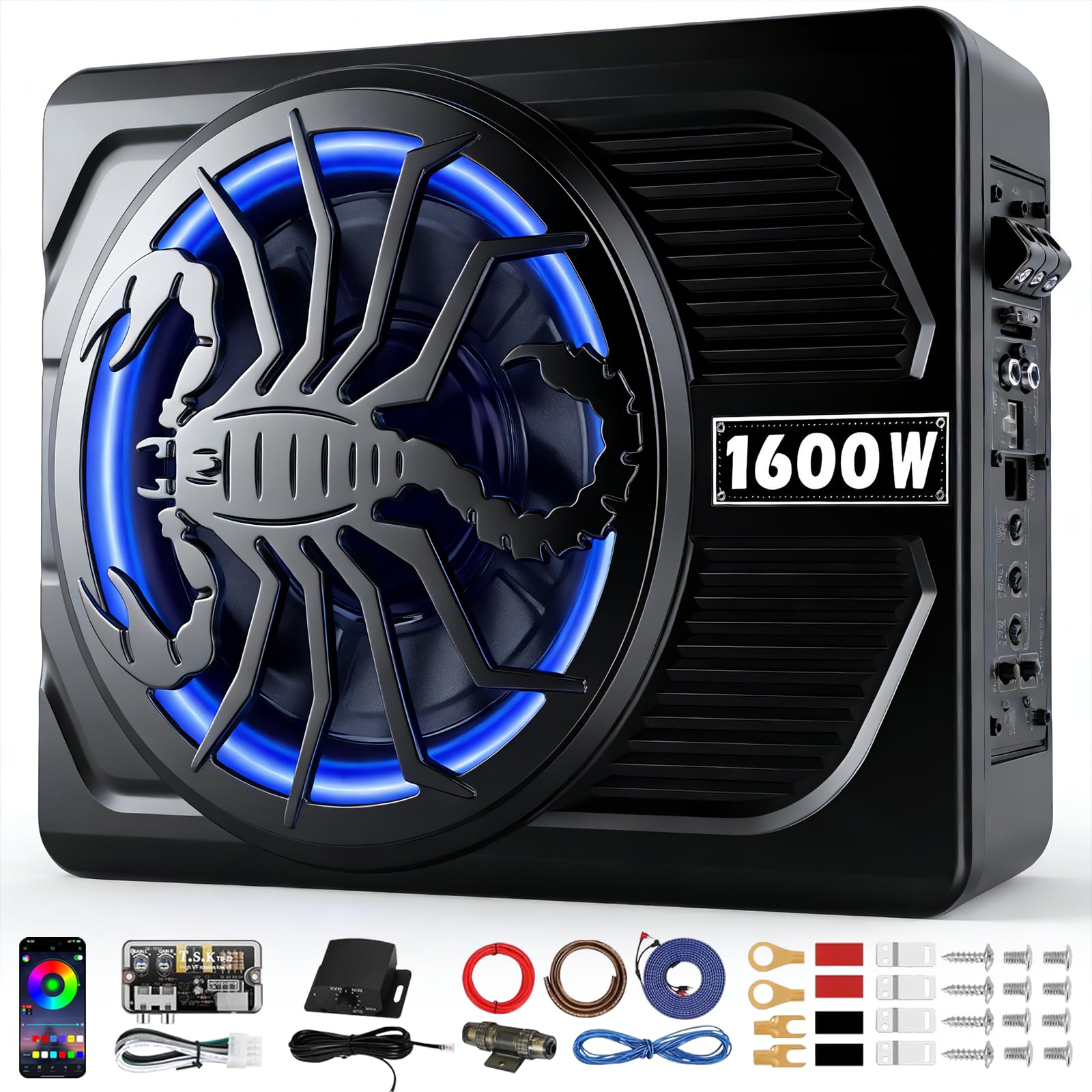 2026 Upgraded 1600W Slim Underseat Car Subwoofer and Amp Package with RGB Beat-Synced Light, Individual Control for Low Pass/Gain/Boost Bass, Clean Deep Bass Perfect for Truck/SUV/Jeep