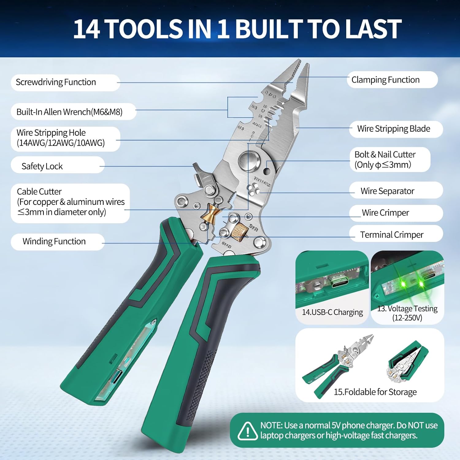 Owfeel 16-IN-1 Foldable Wire Stripping Pliers, 2026 New Rechargeable 12-250V AC/DC Tester for Hot/Neutral Wires, Multifunctional Wire Cutters for Wire Stripping, Cutting, Crimping, Splitting (Green)