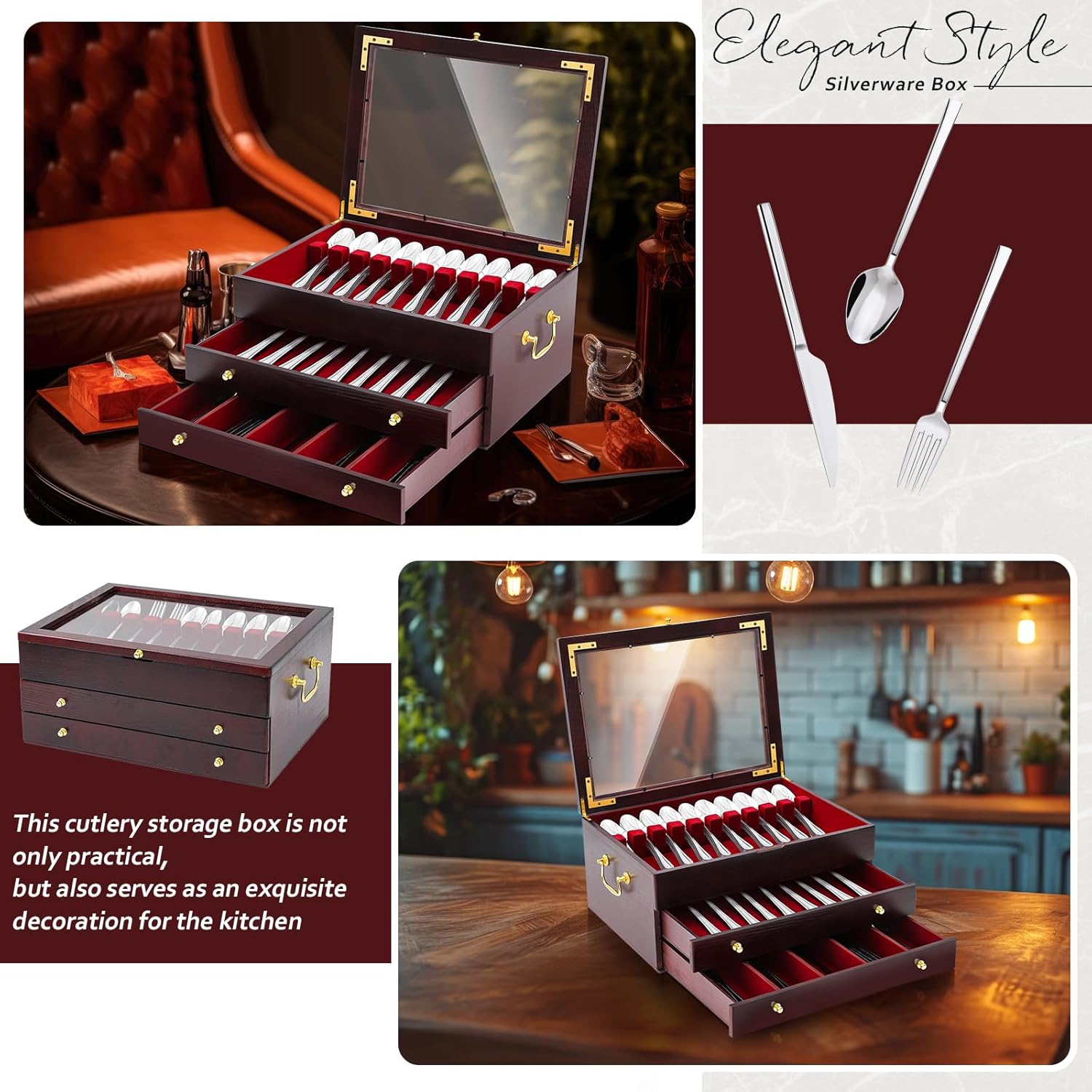 Novabright Wooden Silverware Storage Box, Silverware Chest Case with Glass Lid Flatware Organizer with Handle Felt Lined for Flatware Utensils Home Decor Gift(3 Layer) - Image 5