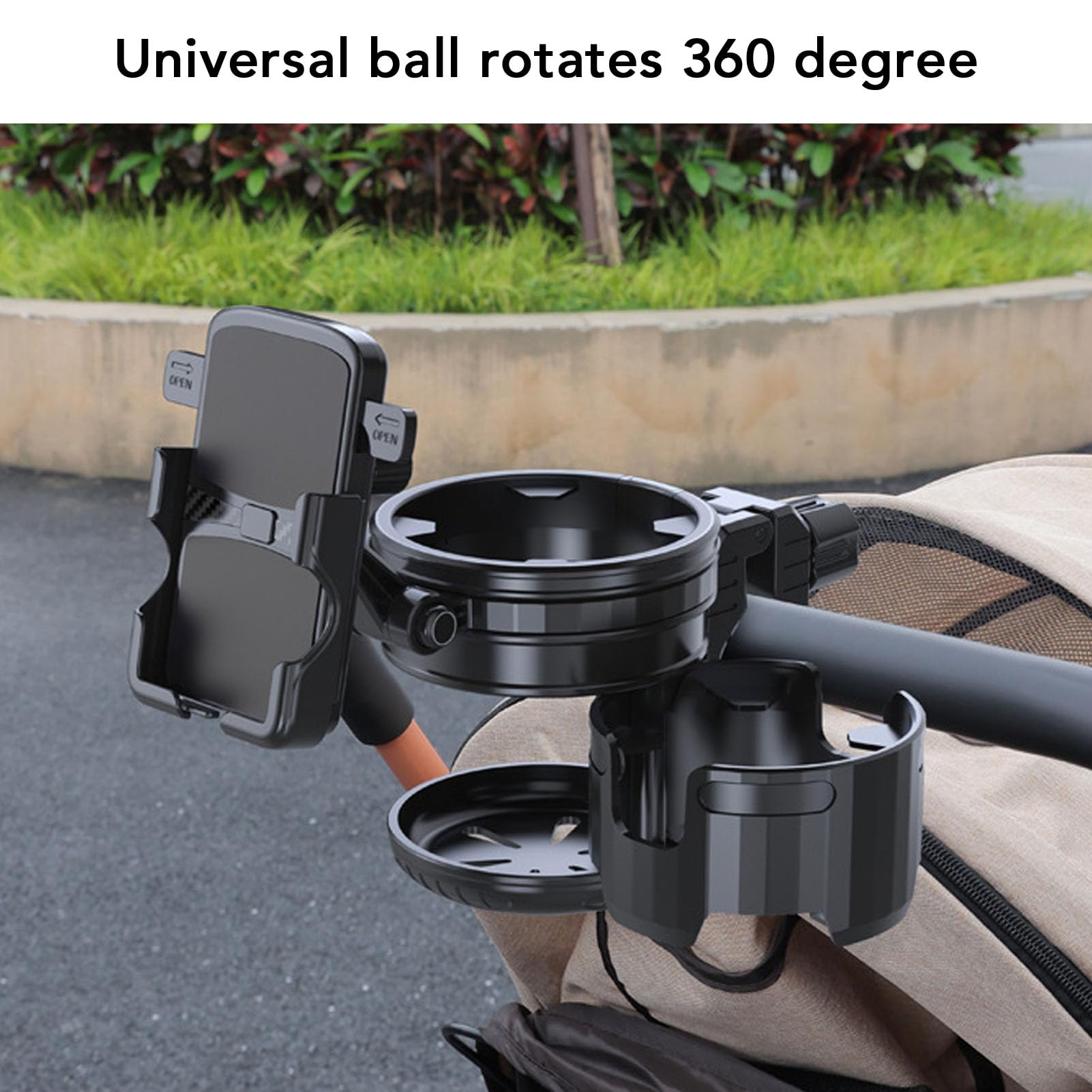 Bike Cup Holder with Cell Phone Holder, 3 in 1 Foldable Plastic Shopping Cart Cup Holder Stroller Phone Mount Clip on Cup Holder for Bike, Scooter, Stroller