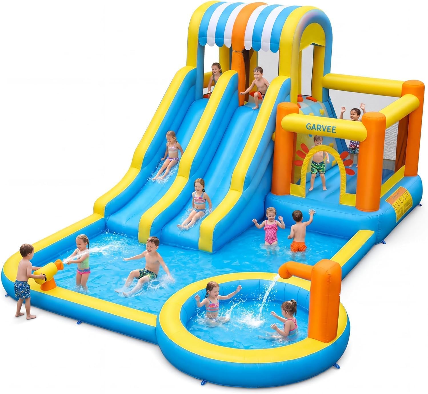 Castillo Hinchable Acuatico Para Niños, Parque Acuatico Infantil, Piscina Infantil Con Toboganes, Zona De Saltos y Rocódromo, 483*242*381cm, Centro De Juegos Hinchable Agua Para Niños De 3 a 12 Años