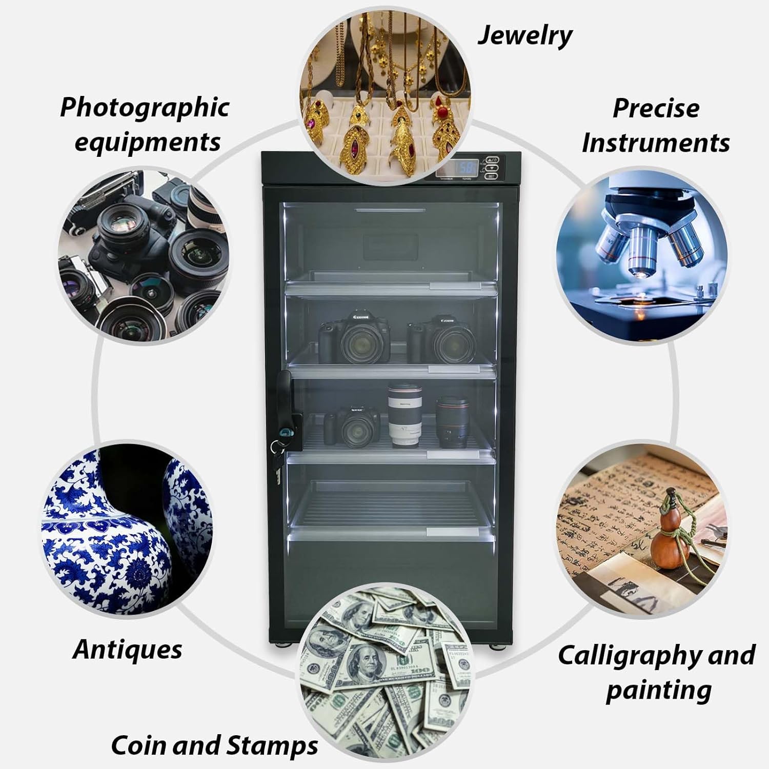 100L Digital Camera Dehumidify Storage, Dehumidifying Dry Cabinet Box, 5Layers for Camera Lens, Electronic Equipment, Electronic Dry Cabinet Storage with Temp & Humidity LED Screen