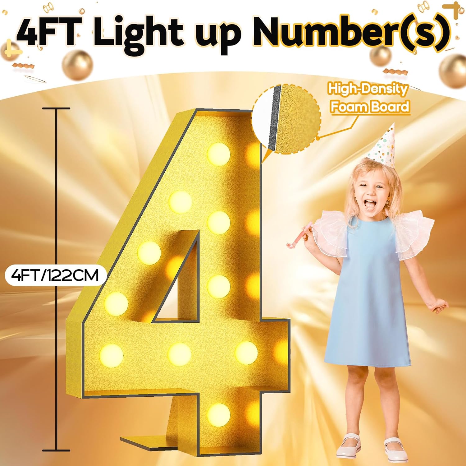 Light Up Number 4, Marquee Light Up Numbers Gold 4FT, Large Led Numbers Lights for 4th Birthday, 4 Feet Tall DIY Frame Pre-Cut Foam Board Kit for Night Light Party Anniversary Decorations