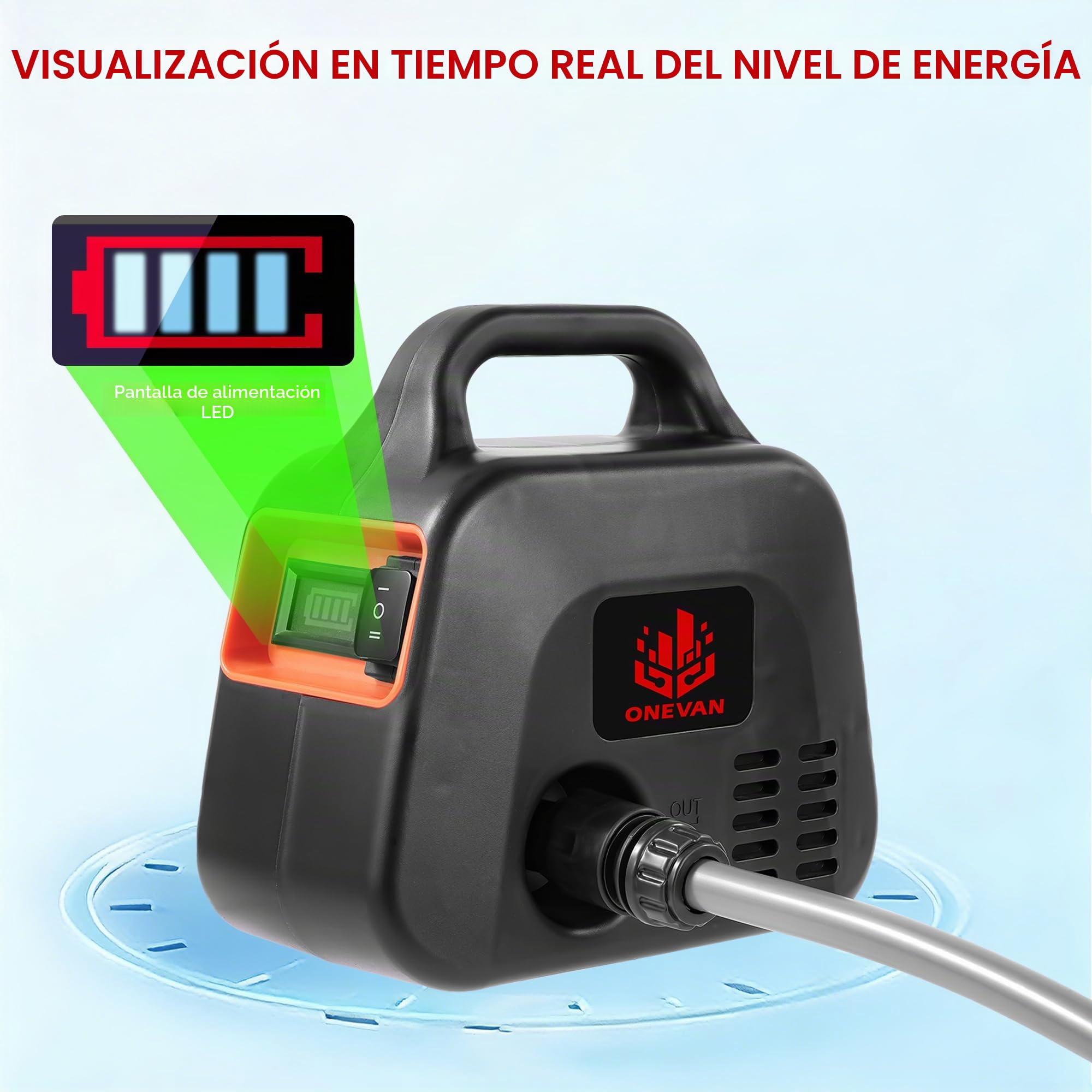 ONEVAN Bomba de Agua con batería 600L/h, Bomba eléctrica de jardín con indicador de Potencia, 2 baterías 2000mAh, 2 velocidades, Bomba de batería, Incluye Boquilla 7 en (Negro, Estándar)