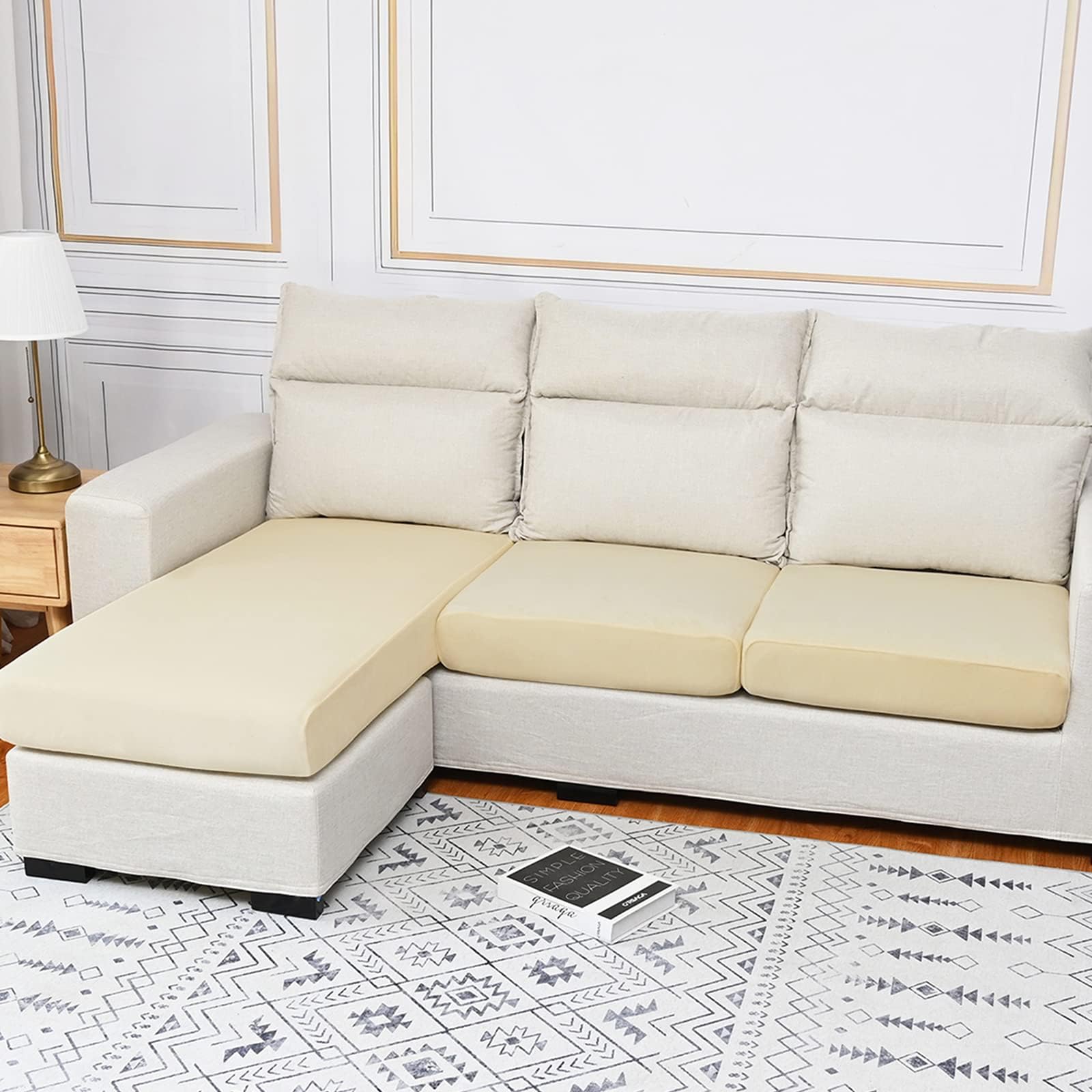 Rosnek Velvet Sofa Cushion Covers, Elastic Sofa Seat Cover for 3 Seater, Universal Non-Slip Couch Slipcovers Replacement, Stretch Home Furniture Protector with Elastic Bottom, 1PCS, Cream