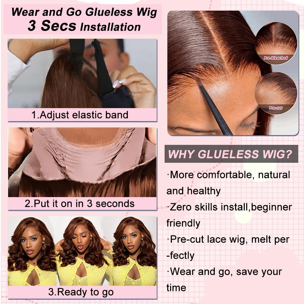 14Inch Chocolate Brown 9x6 Wear and Go Glueless Wigs Human Hair Pre Cut Dark Brown Loose Wave Bob Wig Lace Front Wigs Human Hair 220% Density 4# Colored Body Wave Short Bob Wig for Black Women