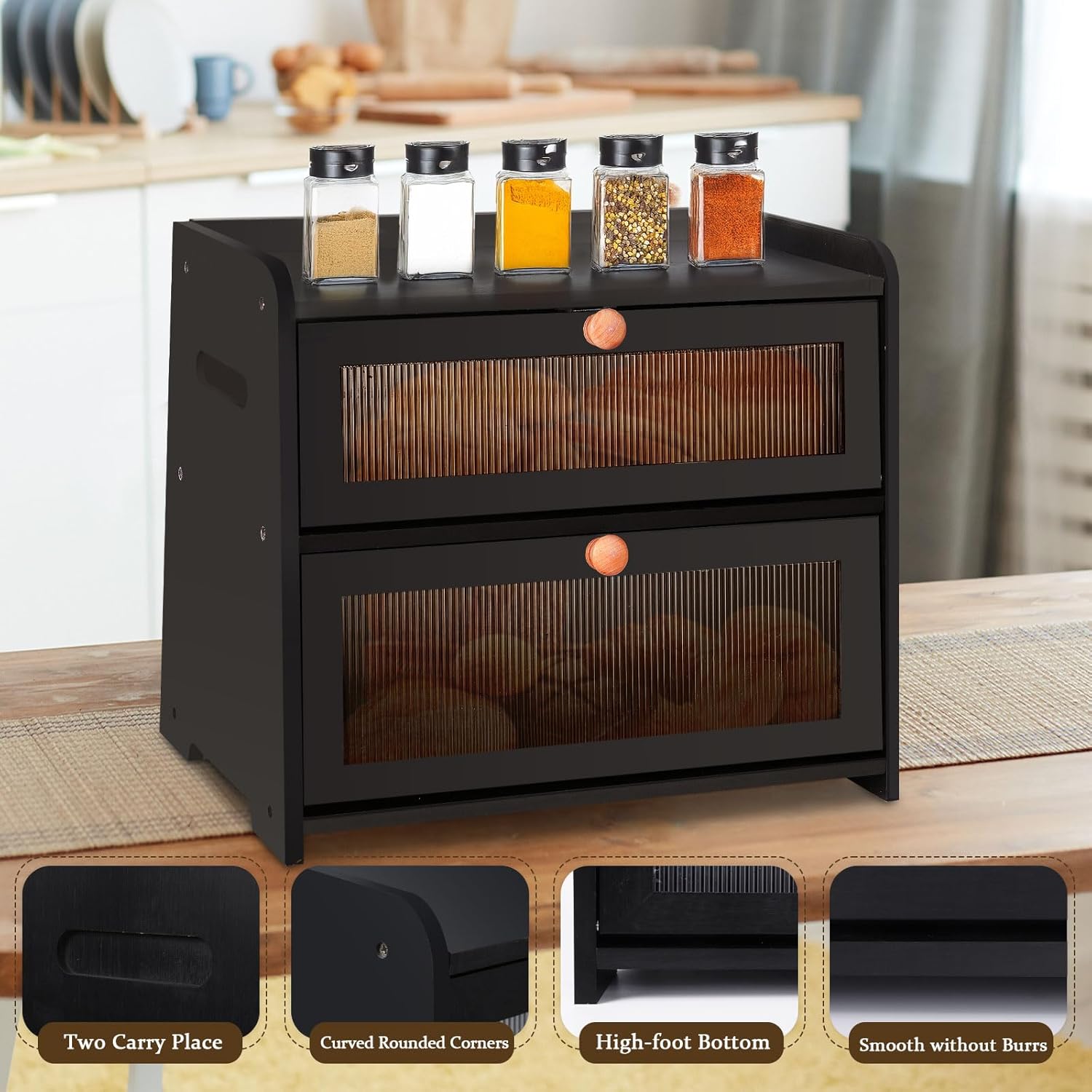 Bread Box for Kitchen Countertop, Bread Storage Container for Homemade Bread, Double Layer Wooden Breadbox Holder for Counter, Farmhouse Extra Large Loaf Keeper Bin with Vintage Window Black