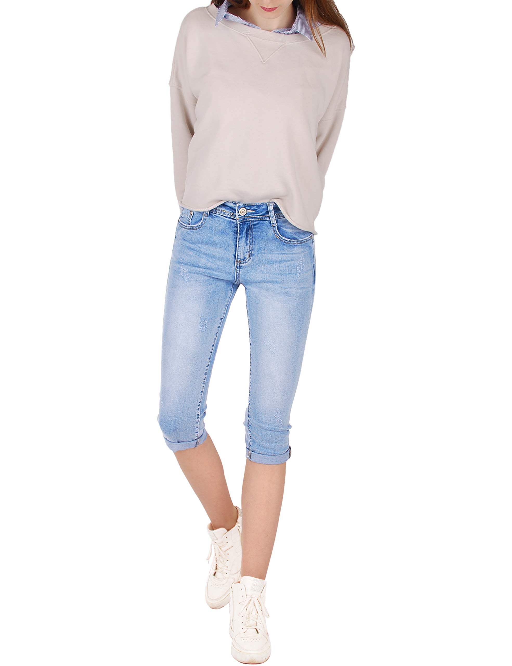 Fraternel Damen Jeans Hose Shorts Capri Knielang Stretch