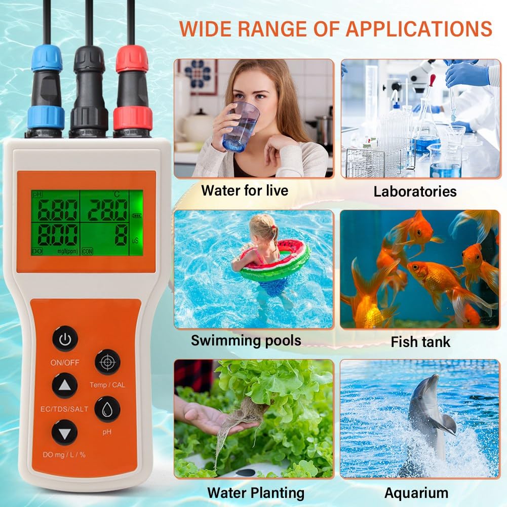 Medidor de Oxígeno Disuelto Portátil, Medidor de DO Inteligente, DO, Sal, EC, TDS, 6 en 1, para Piscinas de Acuarios