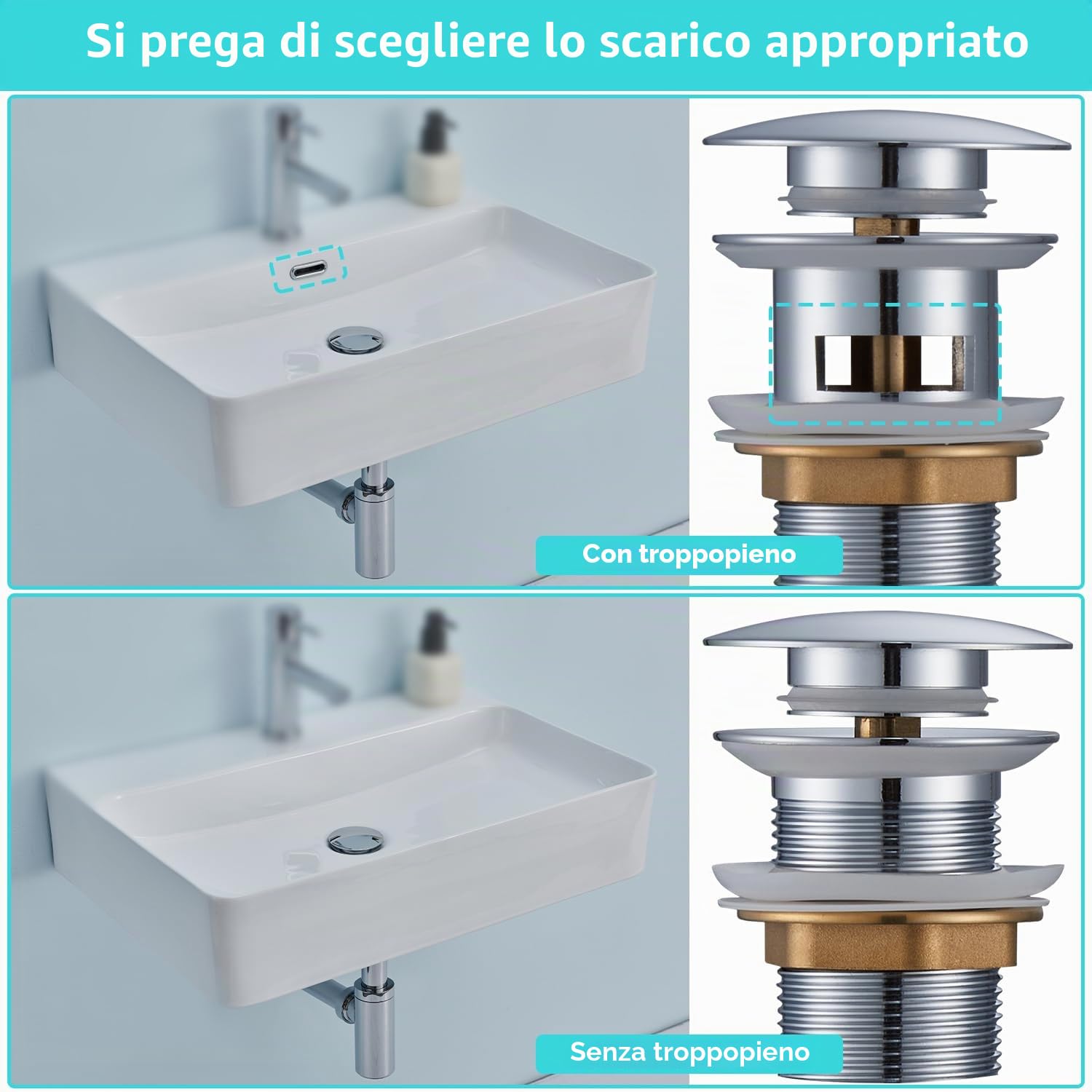 Sifone Lavabo Bagno con Piletta Click Clack, Universale Piletta di Scarico Pop-Up Lavandino, Sifone Antiodore con Apertura di Pulizia, Piletta Lavabo Bagno per Lavabo con Troppopieno, Cromato