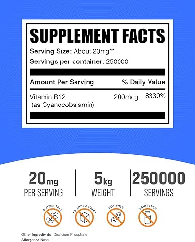 Vista 11 de BulkSupplements. Com Vitamina B12 en polvo - como cianocobalamina, suplemento de vitamina B, vitaminas esenciales, sin gluten, 20 mg por porción