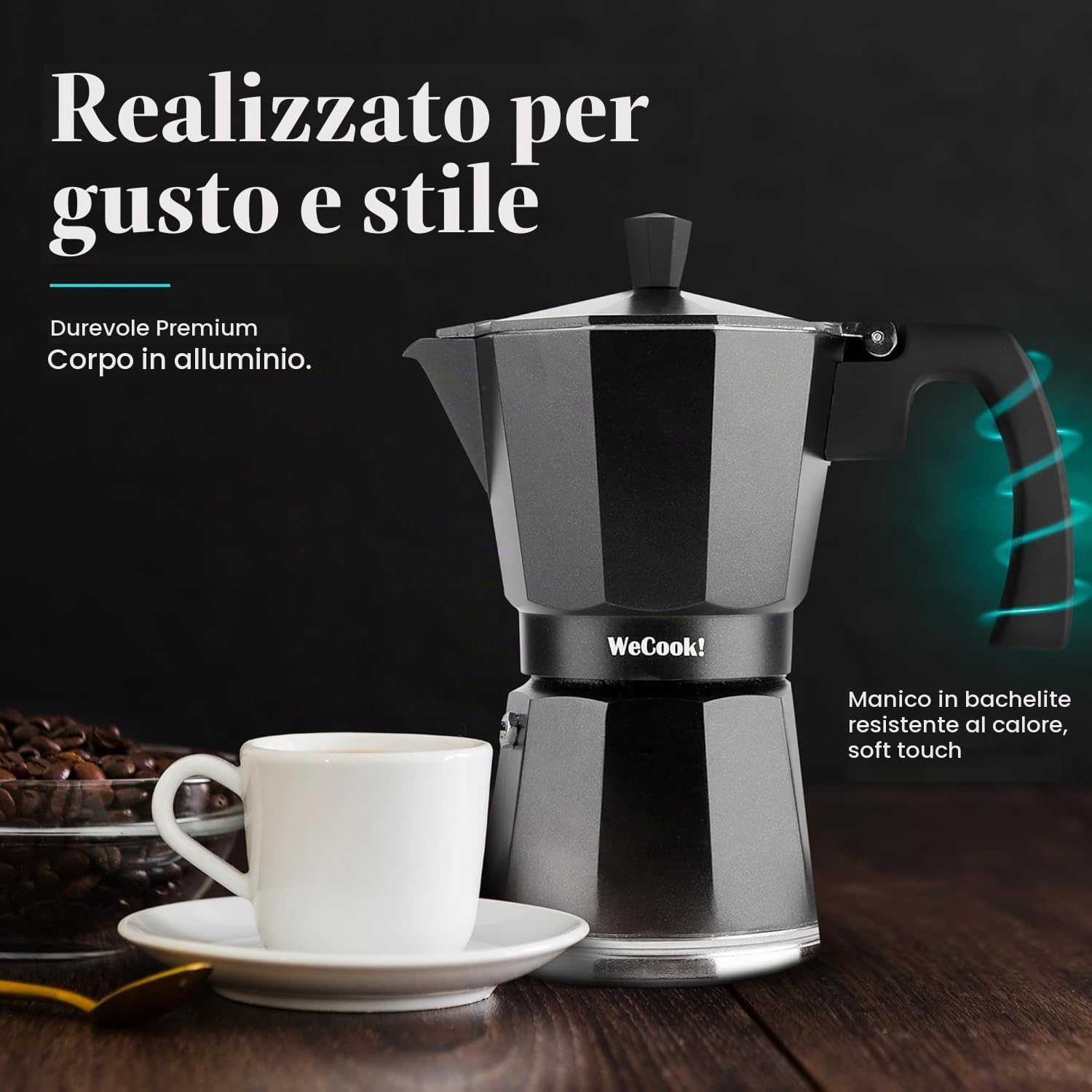 WECOOK! Luccia Caffettiera Italiana a Induzione in Alluminio, Moka Tradizionale, Espresso, 1-3 Tazze di caffè, Base in Acciaio Inossidabile, Valvola di Sicurezza, Vitroceramica, Gas, Elettrica