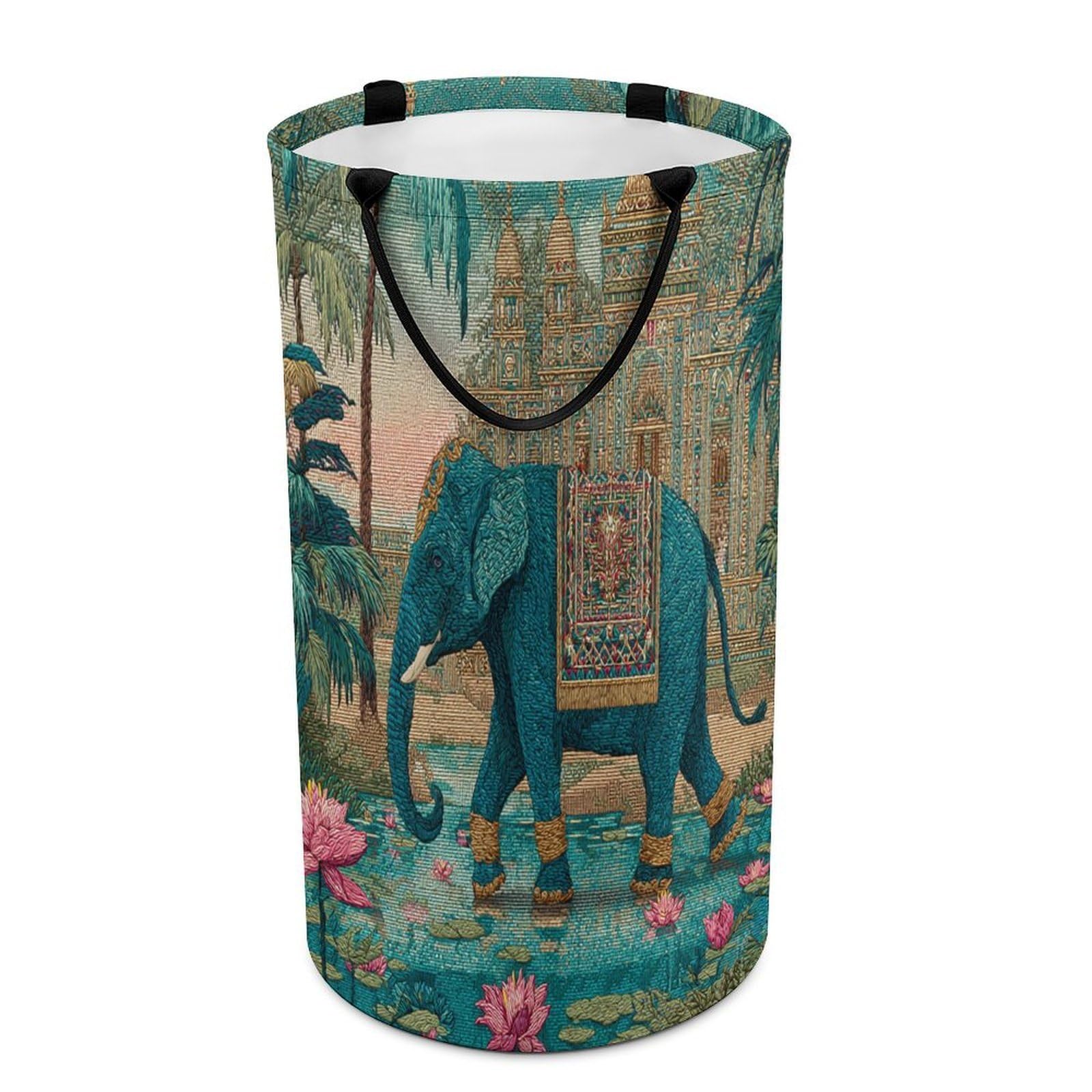LUYYSKY Classic Bohimian Indian Elephant Collapsible Dirty Clothes Basket, Rustic Watercolor Castle Animal Elephant Lotus Floral Palm Tree Portable Clothes Storage Laundry Basket-40 CM Dia, 69 CM High