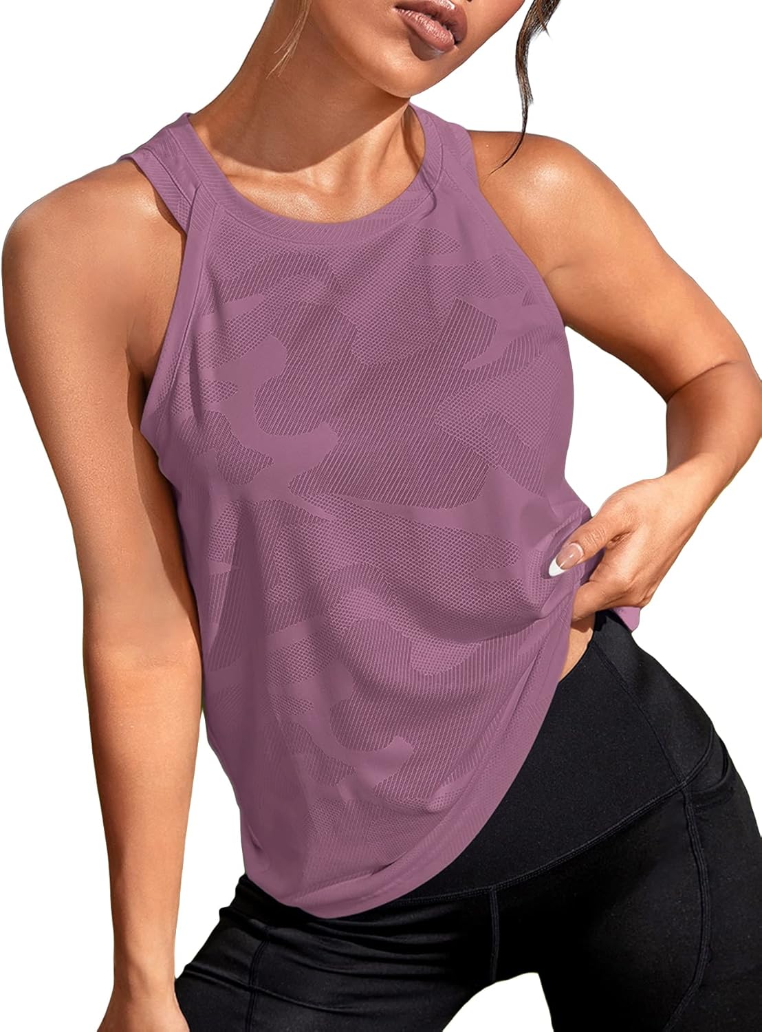 OYOANGLE Women's Camo Print Sleeveless Workout Shirts Exercise Running Tank Tops Active Gym Yoga Tank Top